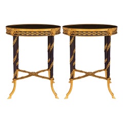 Pair Of French 19th c. Louis XVI St. Enamel, Ormolu, And Marble Side Tables