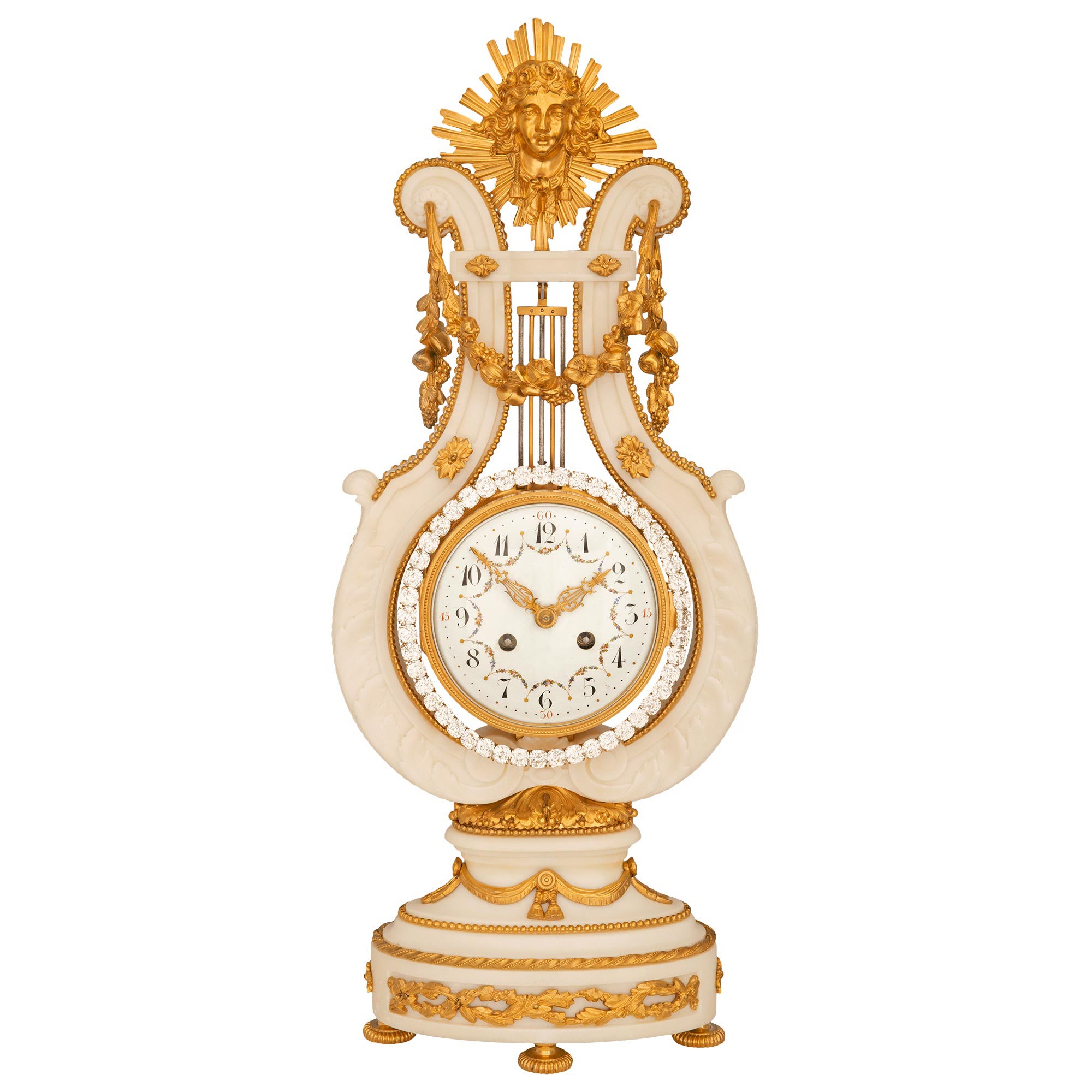 Horloge française du 19ème siècle de style Louis XVI en marbre de Carrare blanc, bronze doré et bijoux