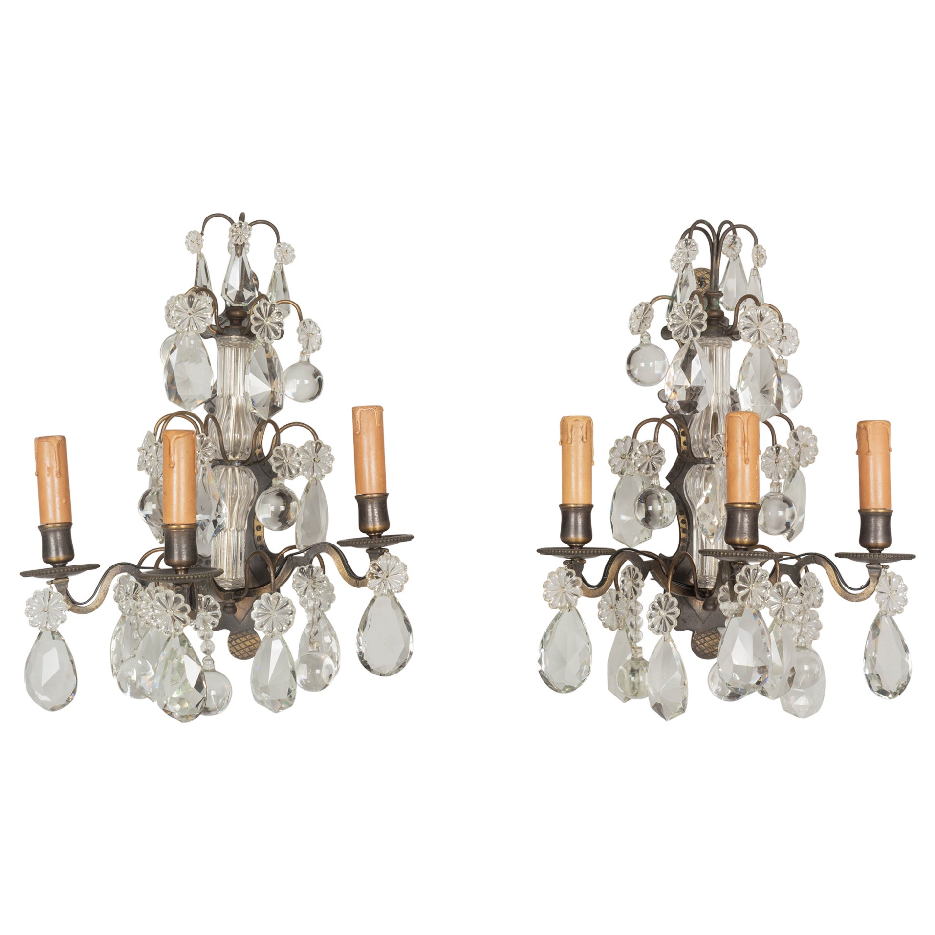 Louis XV Style French Crystal and Brass Sconces, a Pair