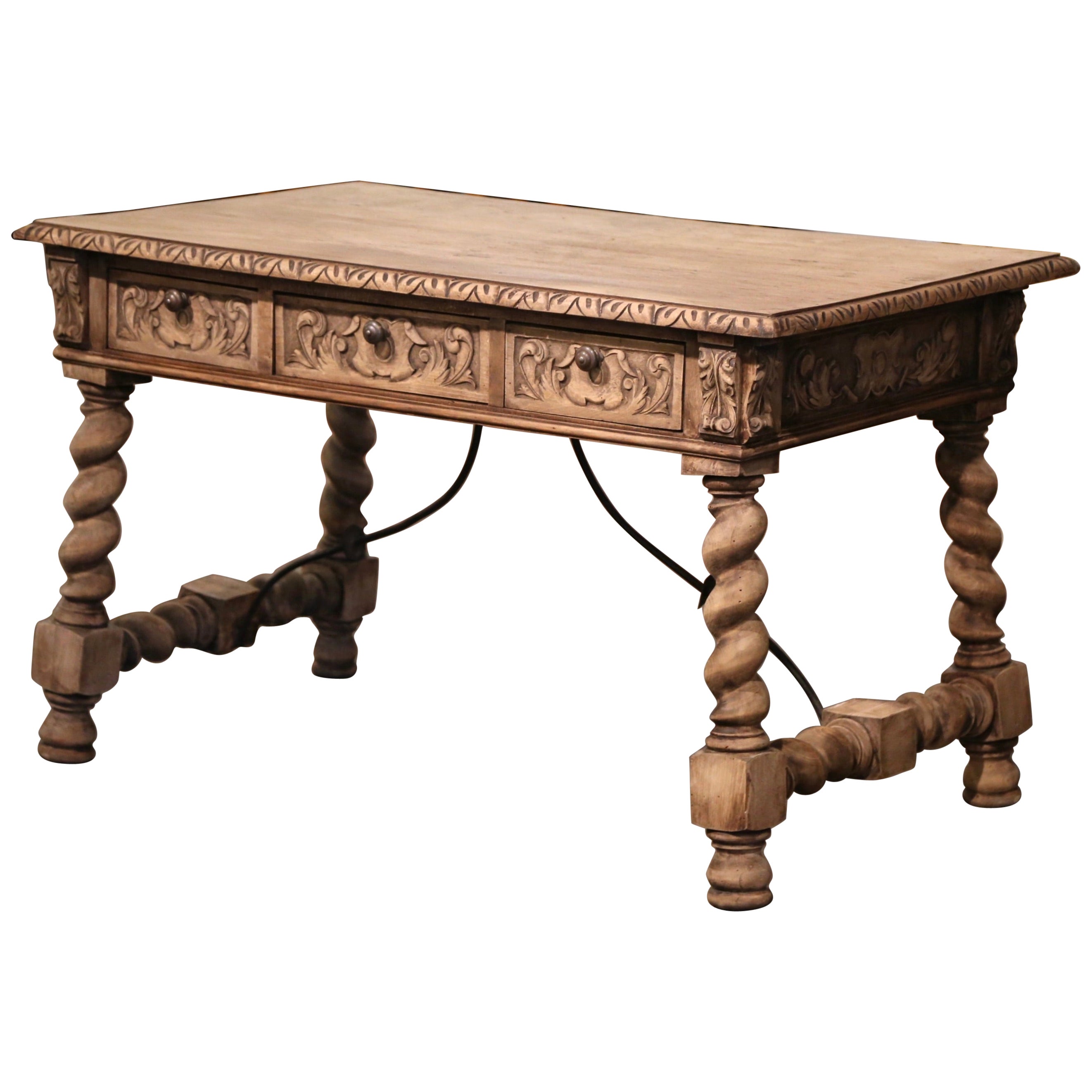 19th Century Spanish Baroque Carved Bleached Walnut and Iron Writing Table Desk For Sale