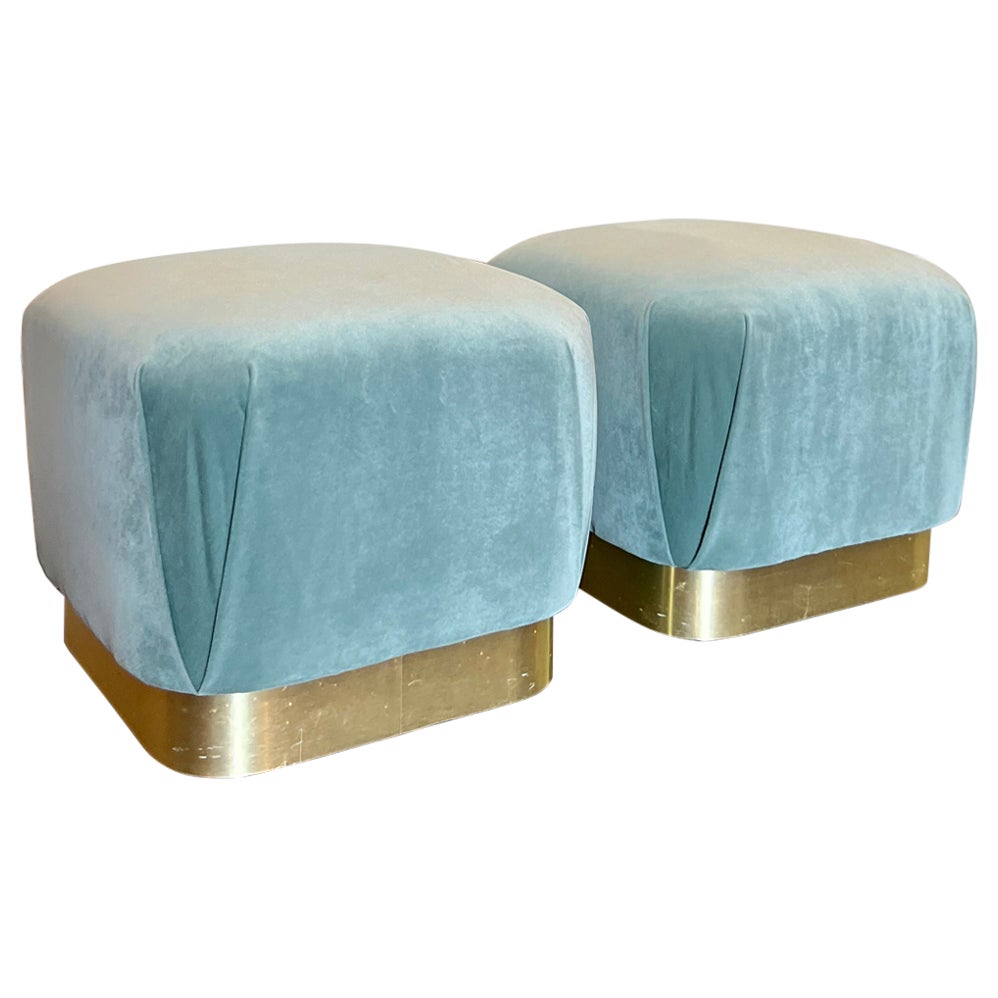 1980s Marge Carson style soufflé pouffs recovered in a pool blue velvet For Sale