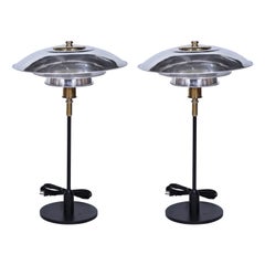 Vintage Pair of Mid-Century Modern Chrome, Iron and Brass Table Lamps