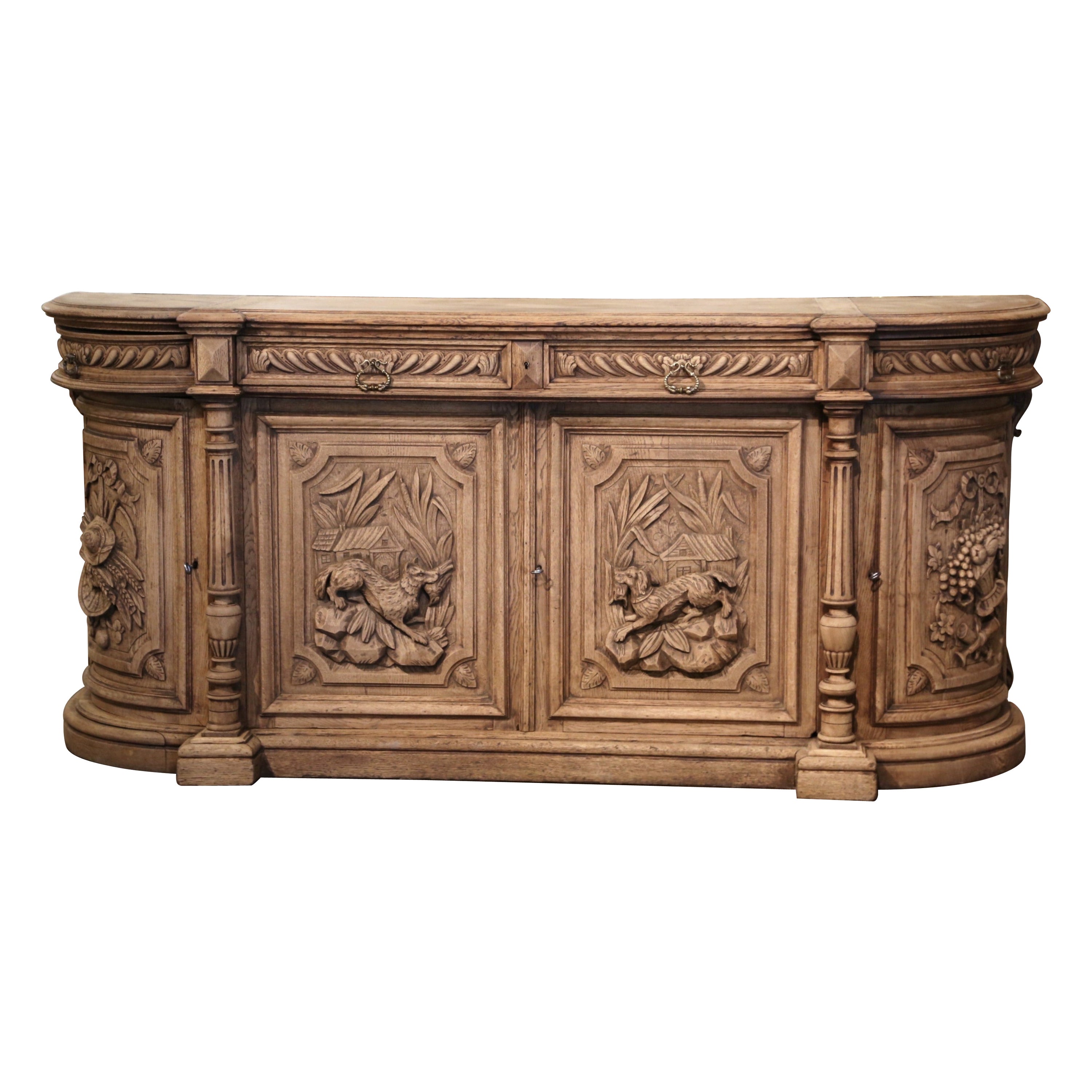 19th Century French Black Forest Carved Bleached Oak Four-Door Buffet Enfilade For Sale
