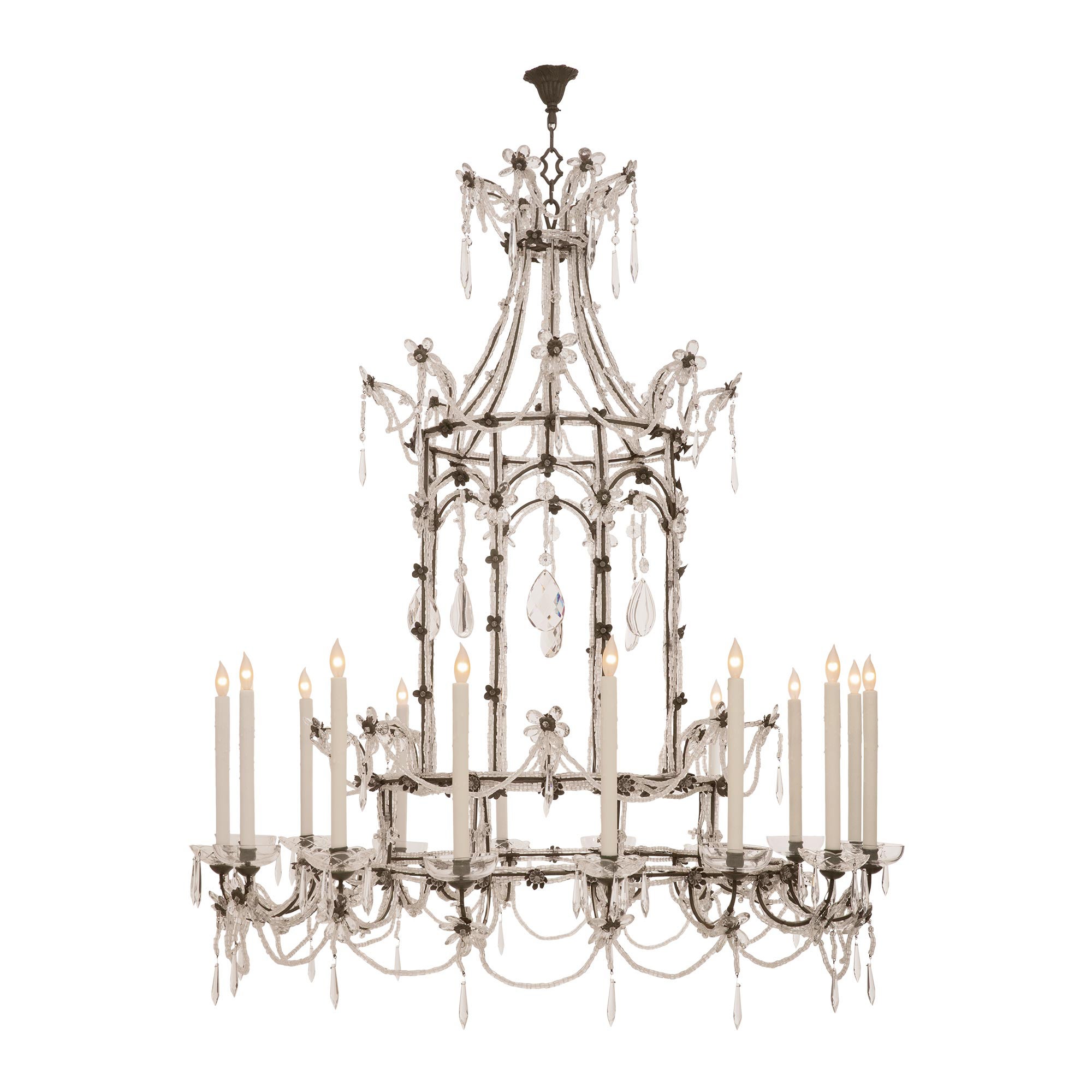 Italian Turn Of The Century Iron, Crystal And Cut Glass Chandelier For Sale