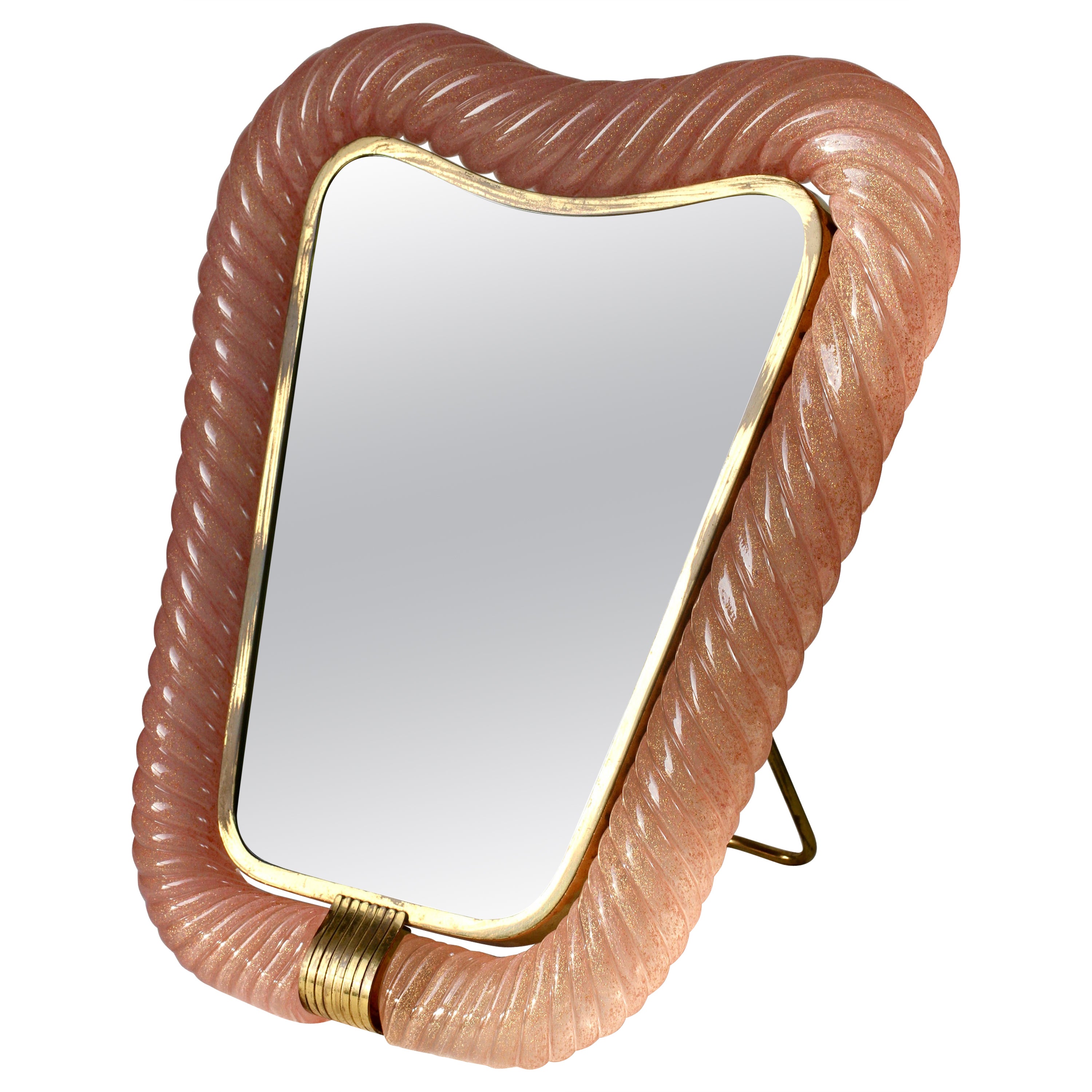 Rare Large Signed Ercole Barovier Pink Murano Glass & Brass Vanity Mirror 1940s For Sale
