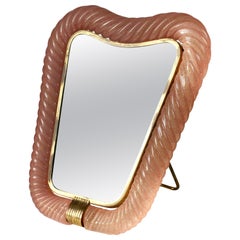 Used Rare Large Signed Ercole Barovier Pink Murano Glass & Brass Vanity Mirror 1940s