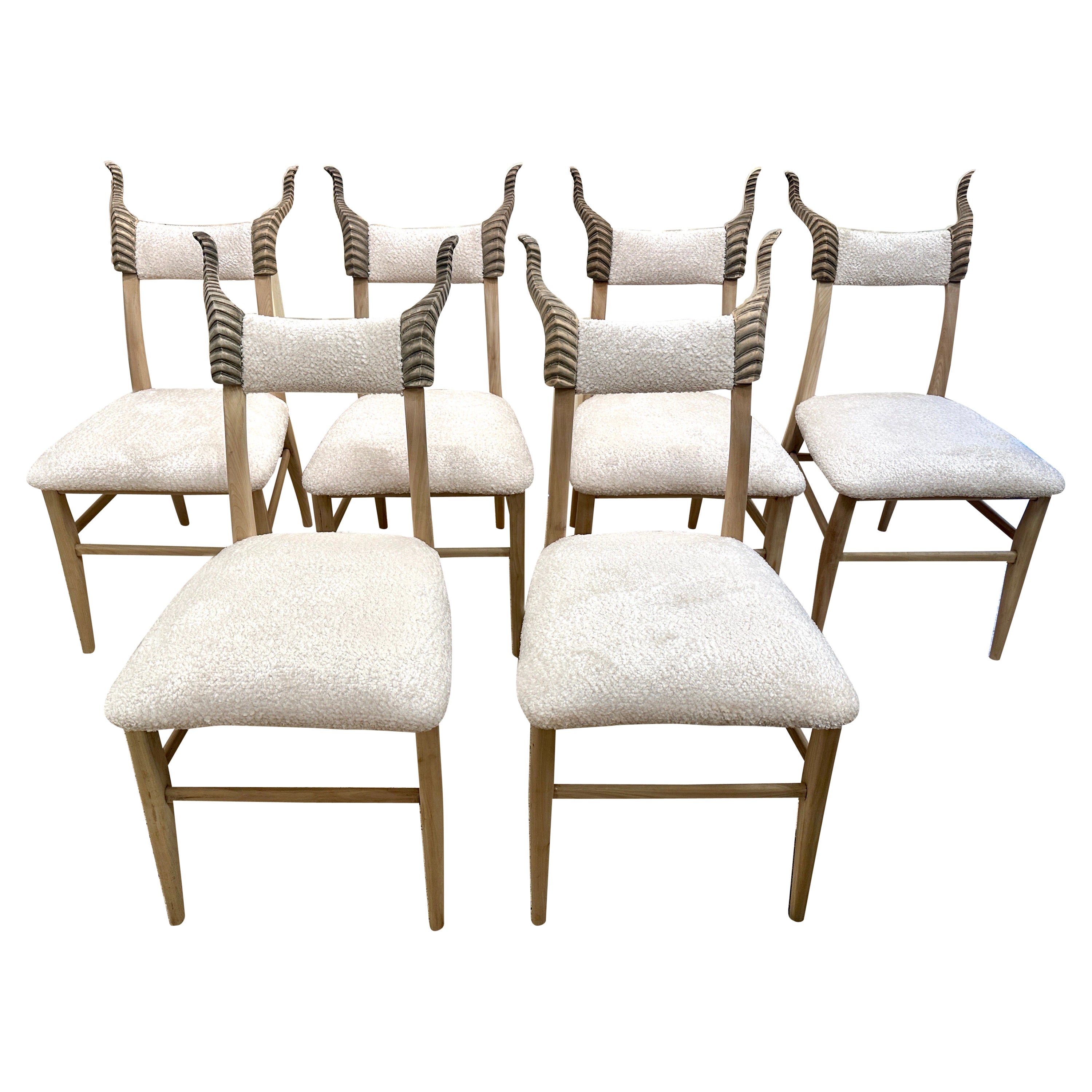 Whimsical French Carved Wood Horn Finial Dining Chairs, Set of Six (6) For Sale
