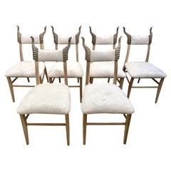Whimsical French Carved Wood Horn Finial Dining Chairs, Set of Six (6)