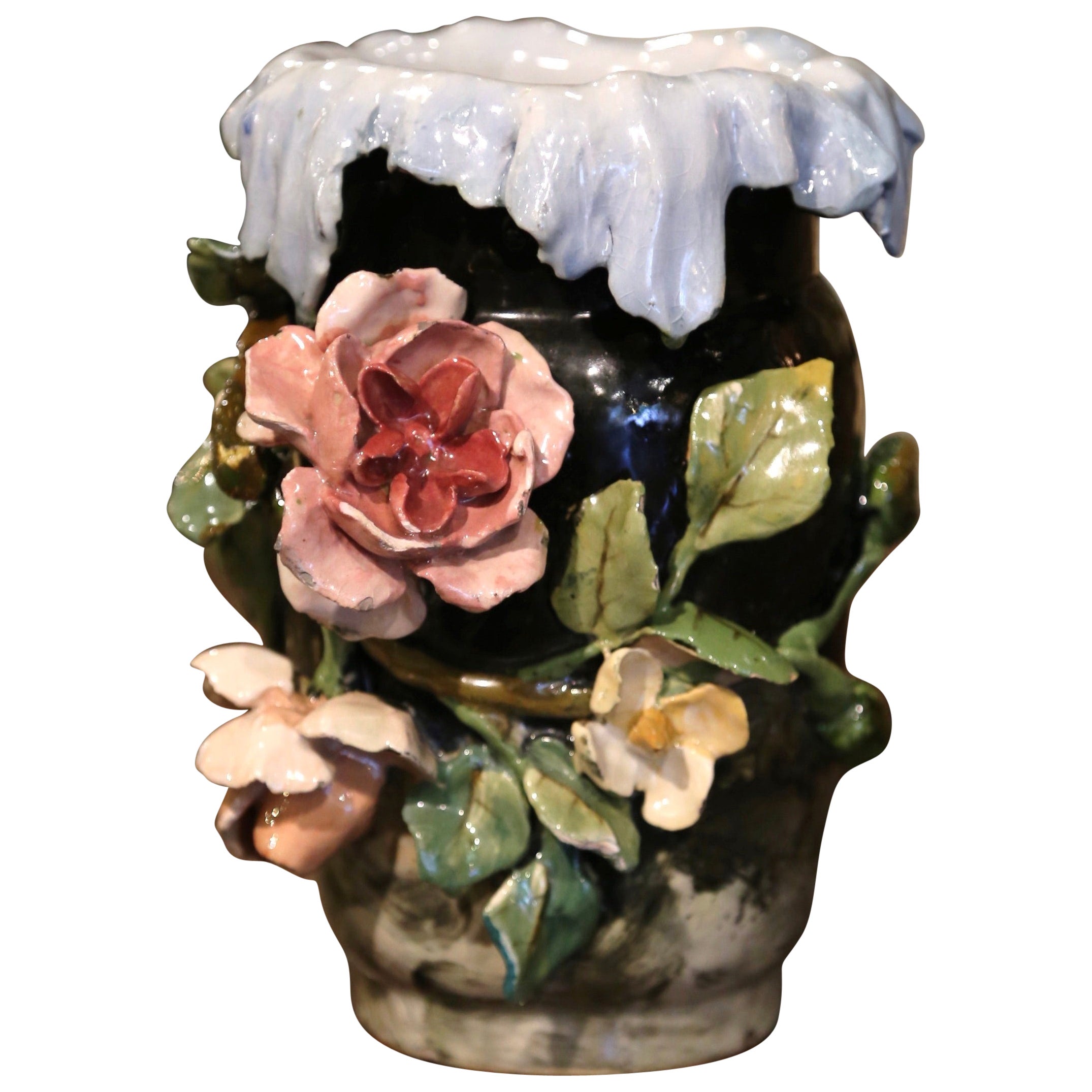 Vase floral Barbotine peint du 19ème siècle de Montigny S/ Loing
