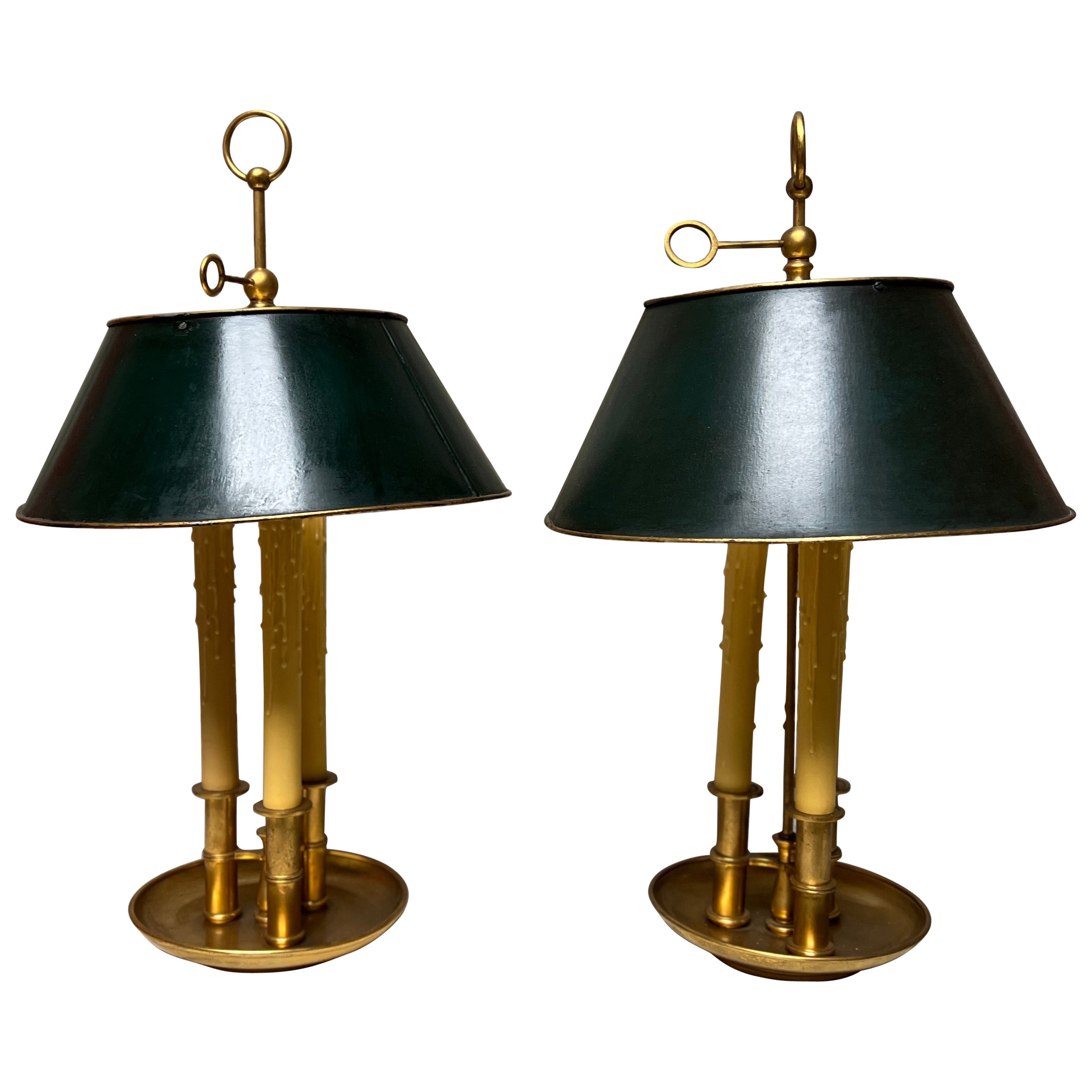 Pair of French Brass and Green Tole Bouillotte Lamps For Sale