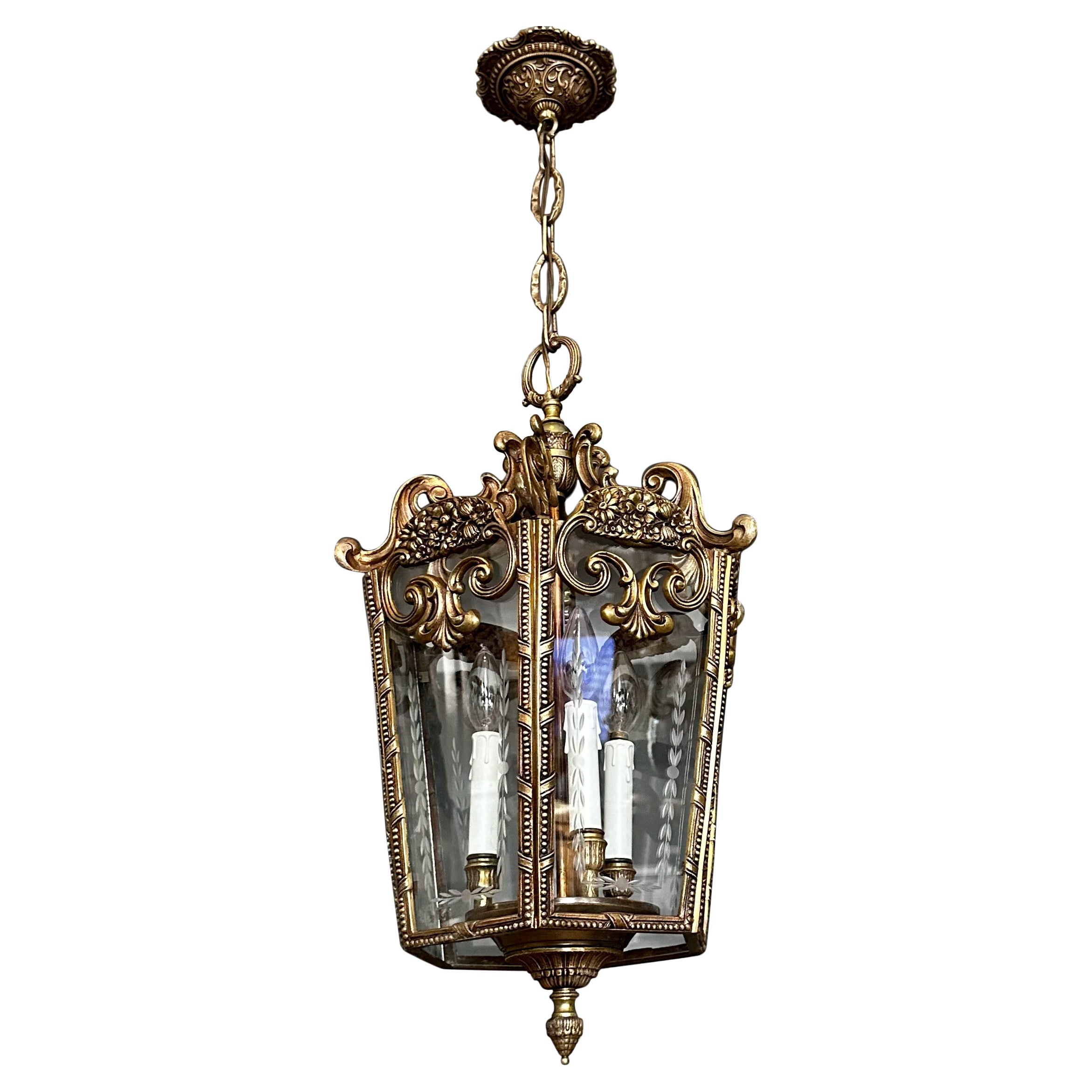 French Rococo Brass Etched Glass Lantern Hall Light For Sale