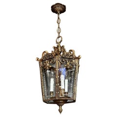 French Rococo Brass Etched Glass Lantern Hall Light