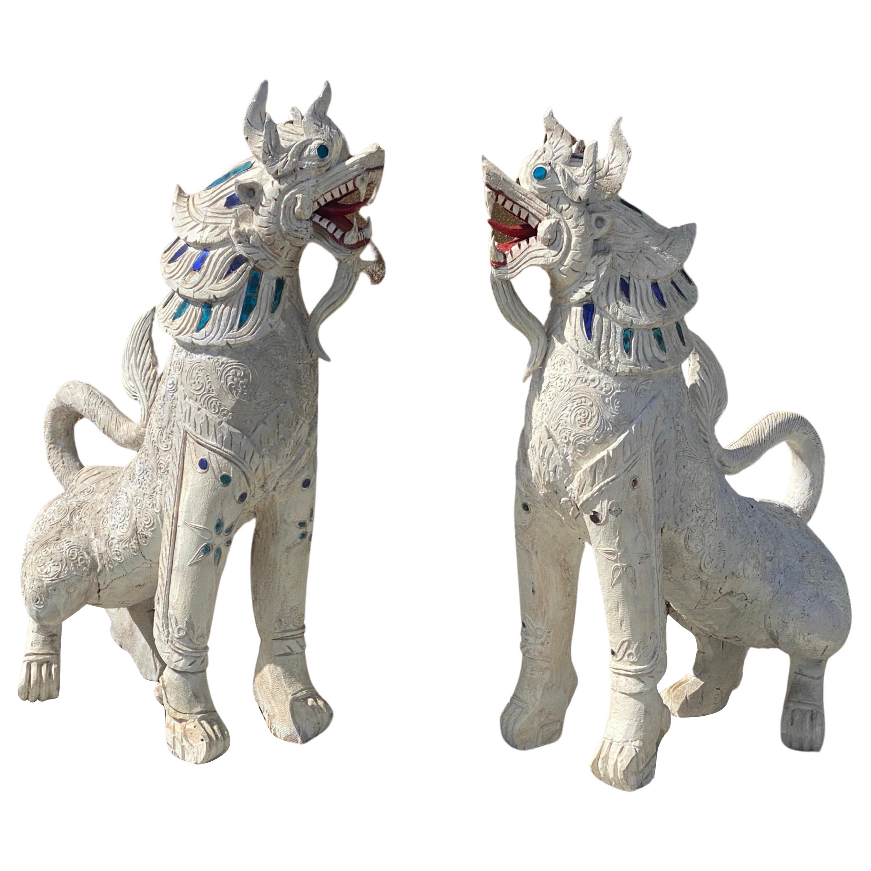 Pair of Rare Life Size Vintage Thai Carved Wood Singha Guardian Dog Statues