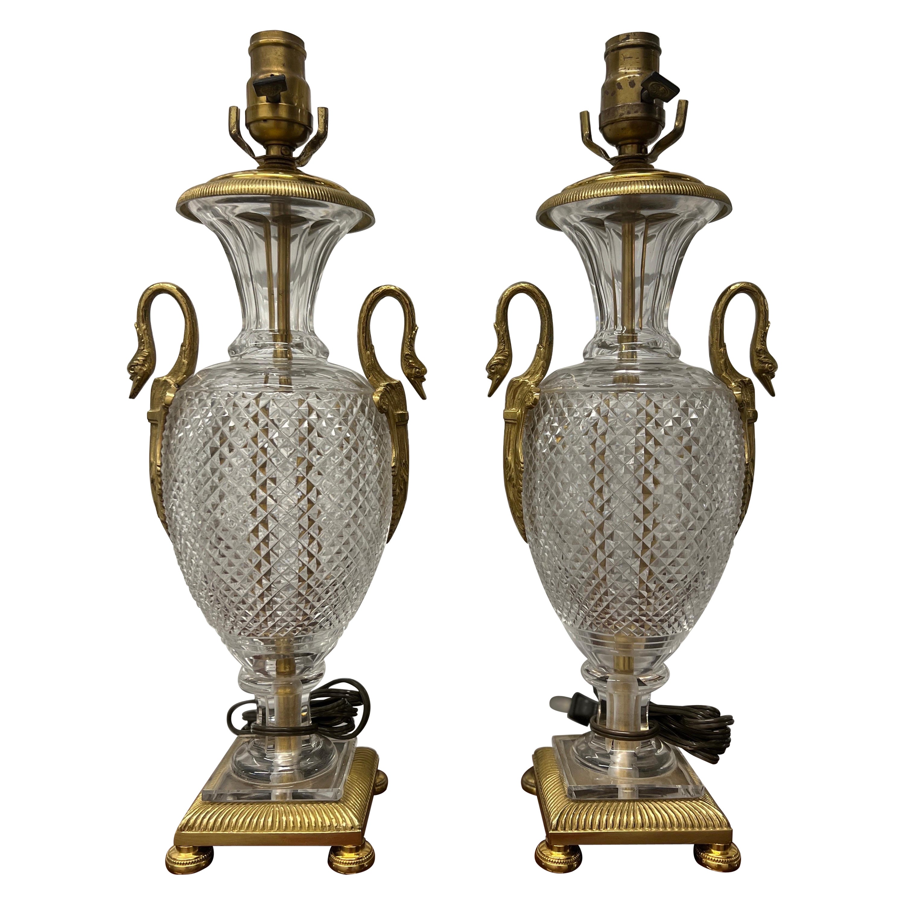 Pair, French Neoclassical Cut Crystal & Bronze Swan Ormolu Baccarat ATTR Lamps For Sale