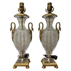 Vintage Pair, French Neoclassical Cut Crystal & Bronze Swan Ormolu Baccarat ATTR Lamps