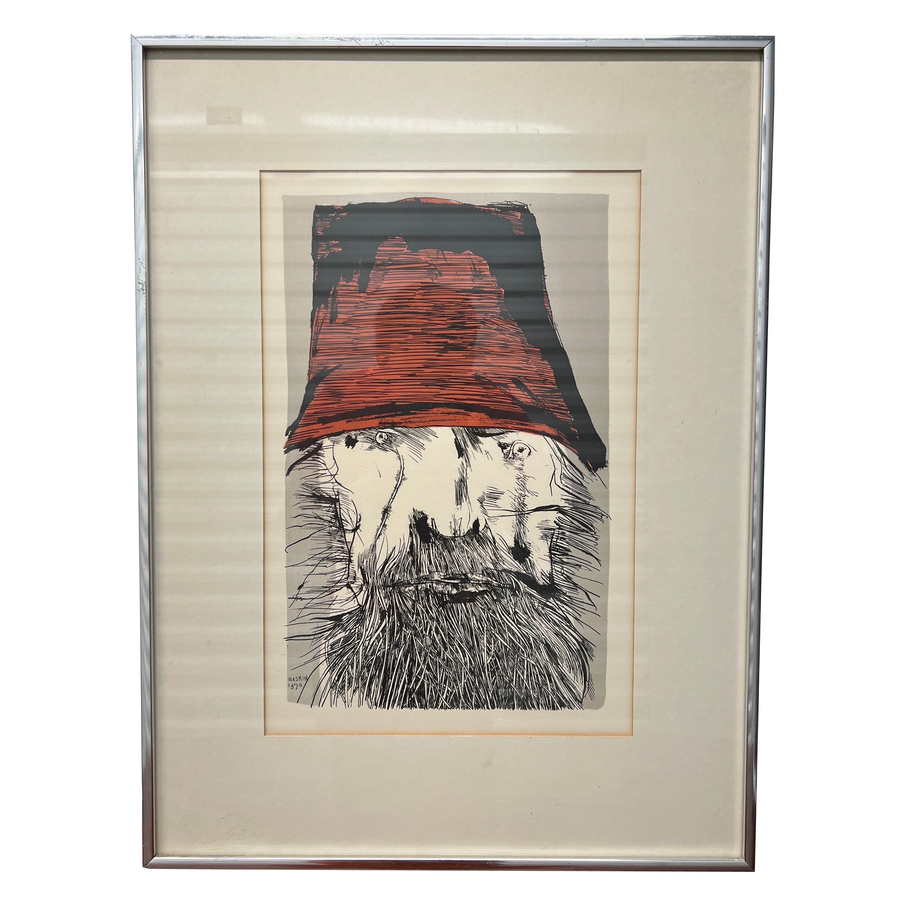 Vintage Leonard Baskin "Ahab With Red Hat" Lithograph 