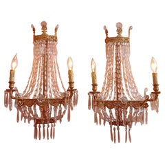 Antique c1910 French Empire Gilt Metal Framed Cut Cascading Crystal Form Basket Sconces