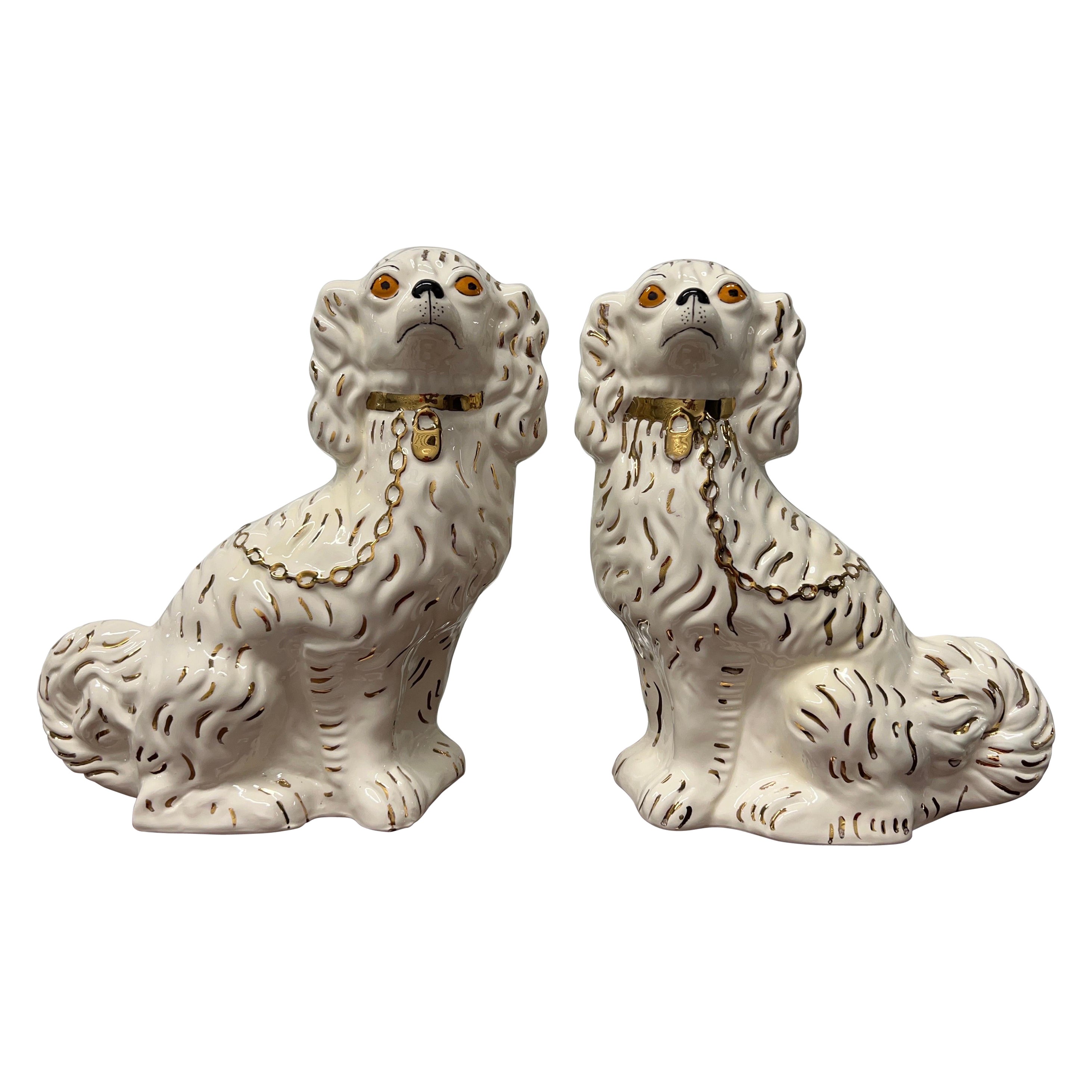 Vintage English Staffordshire Style Spaniel Dogs, White & Gold