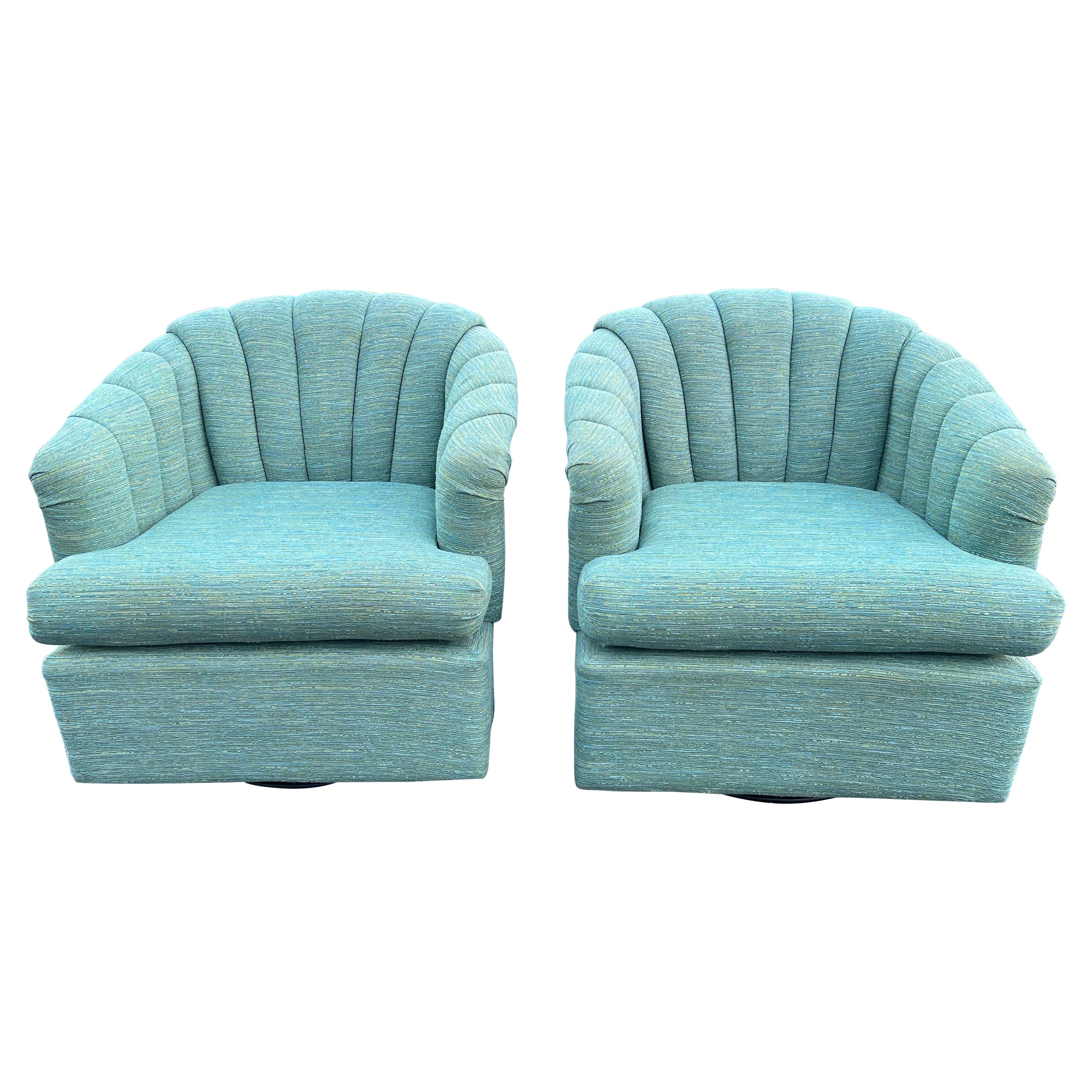 Pair of Turquoise Channel Back Swivel Chairs 