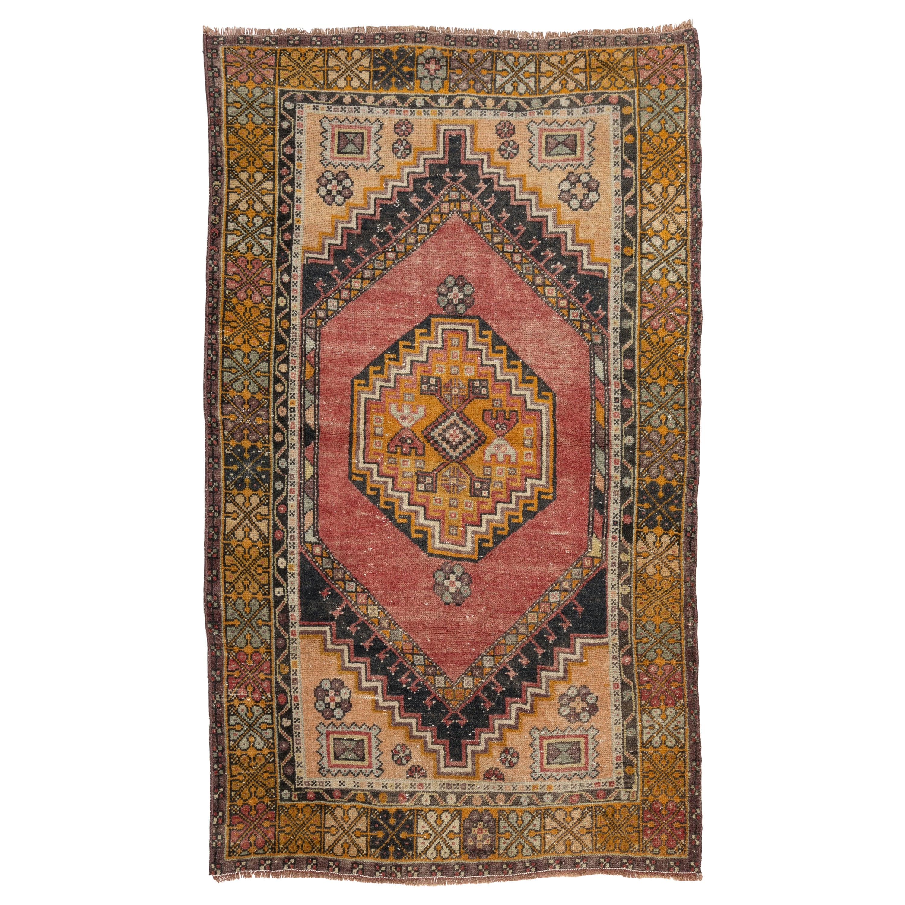 3.5x6 Ft Vintage Hand Knotted Wool Turkish Accent Rug with Tribal Design For Sale