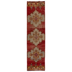 3x11.4 Ft Retro Turkish Runner Rug, Unique Handmade Wool Hallway Carpet