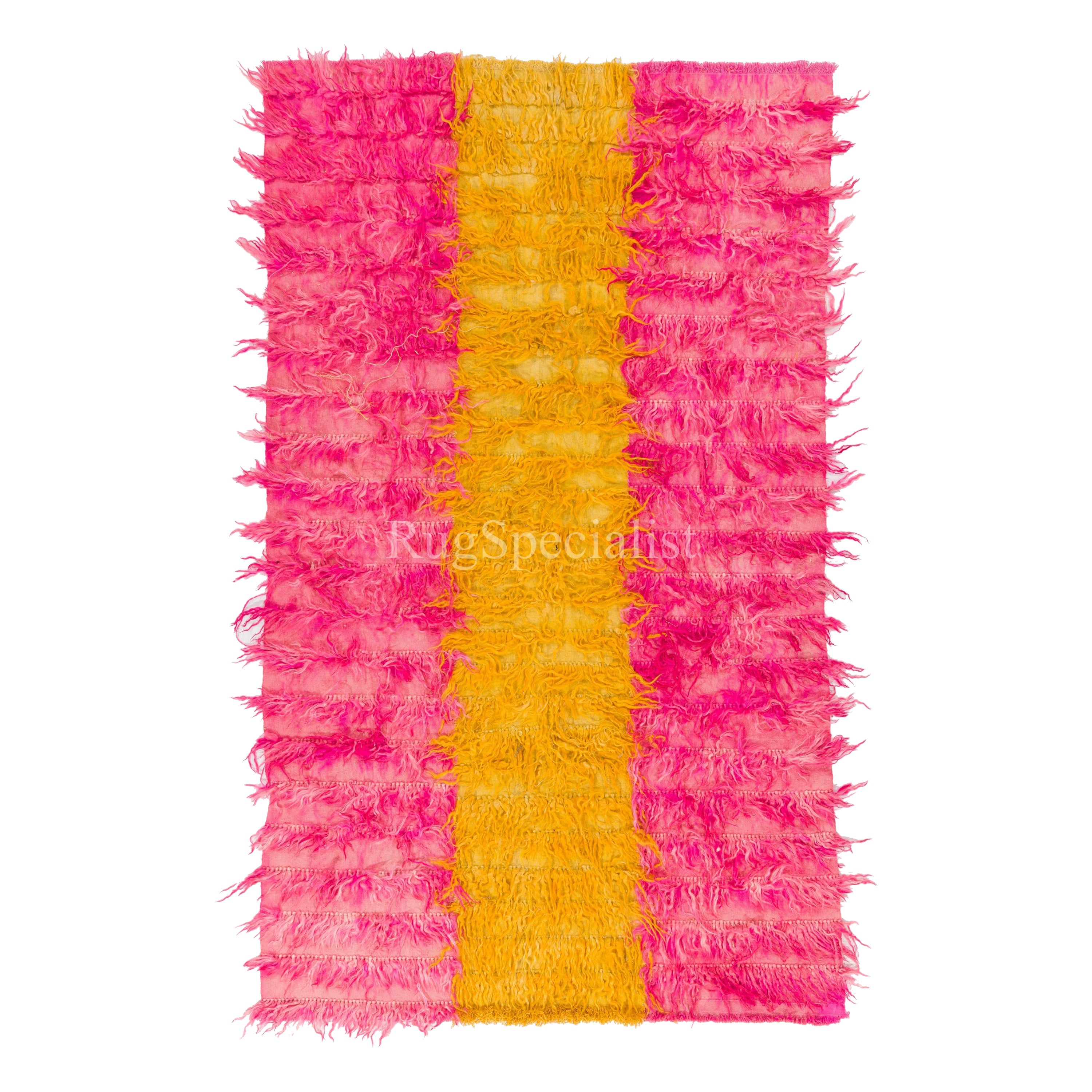 5x8 Ft Shag Pile Mohair „Tulu“ Teppich in heißen rosa und gelben Farben, Samtwolle im Angebot