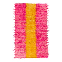 5x8 Ft Shag Pile Mohair "Tulu" Rug in Hot Pink and Yellow Colors, Velvety Wool