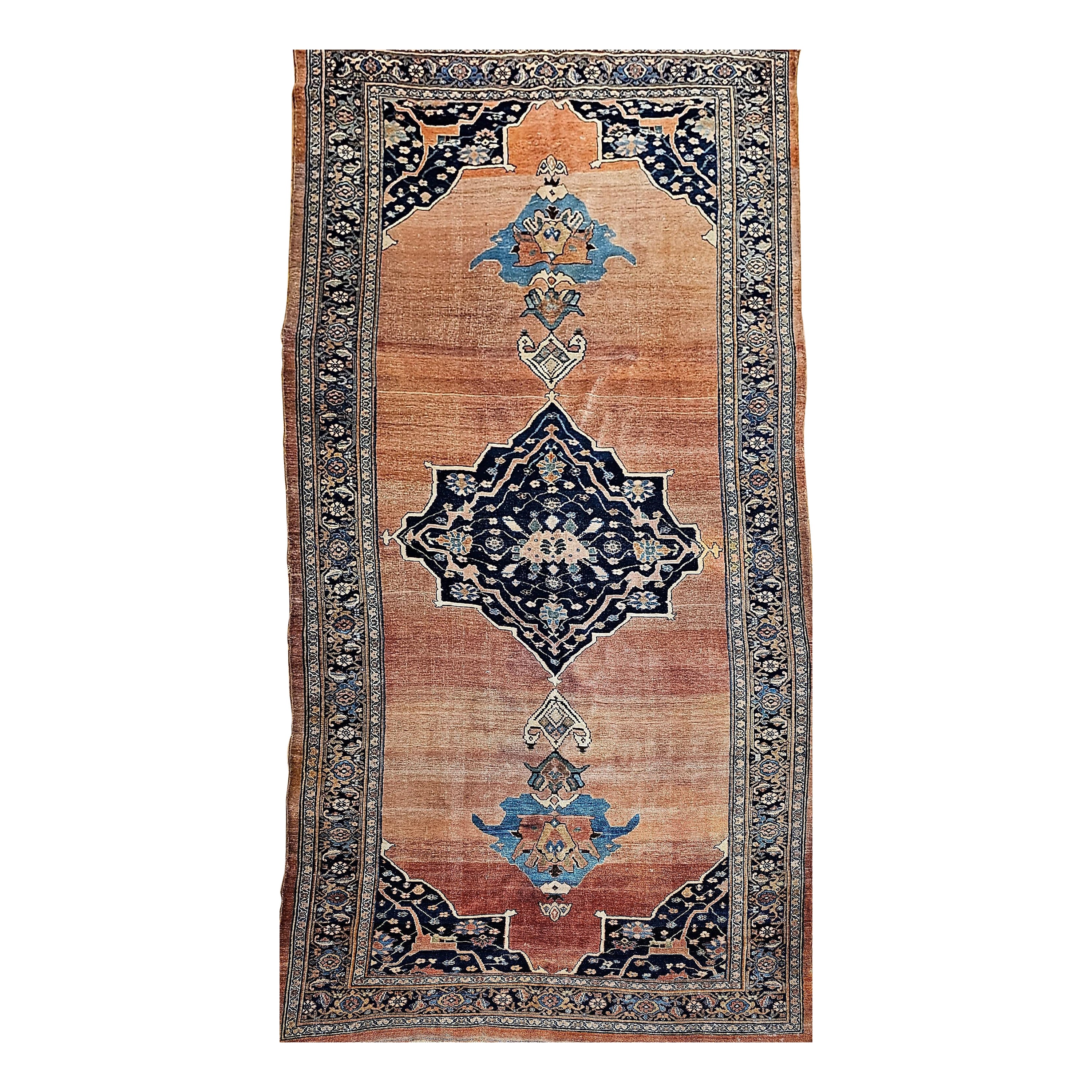 19th Century Persian Bidjar Gallery Rug in Brick-Red, Navy, Turquoise, Yellow For Sale