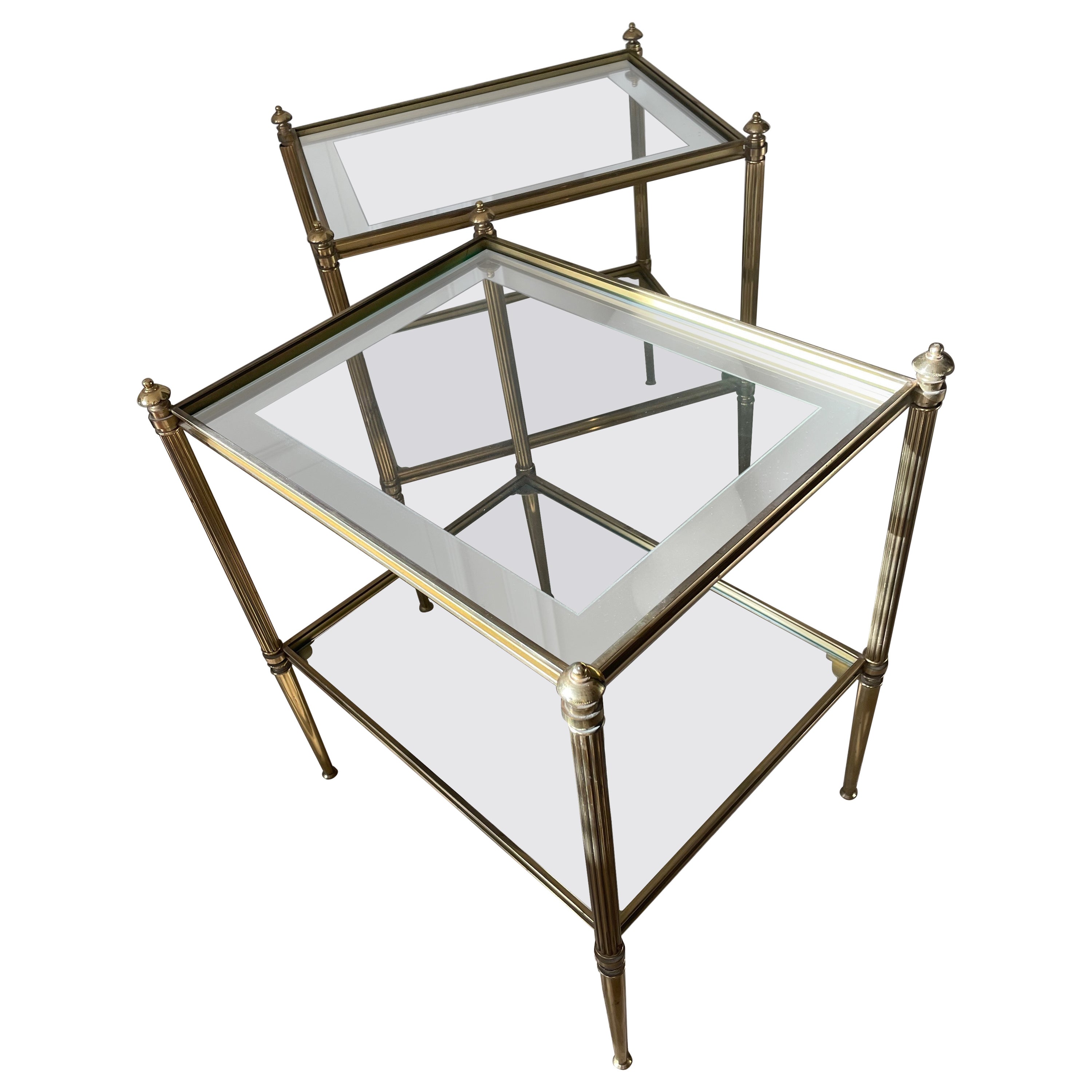 Neoclassical Brass Two Tiers Side Tables by Maison Charles, France 1970. For Sale