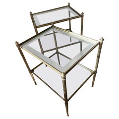 Vintage Neoclassical Brass Two Tiers Side Tables by Maison Charles, France 1970.