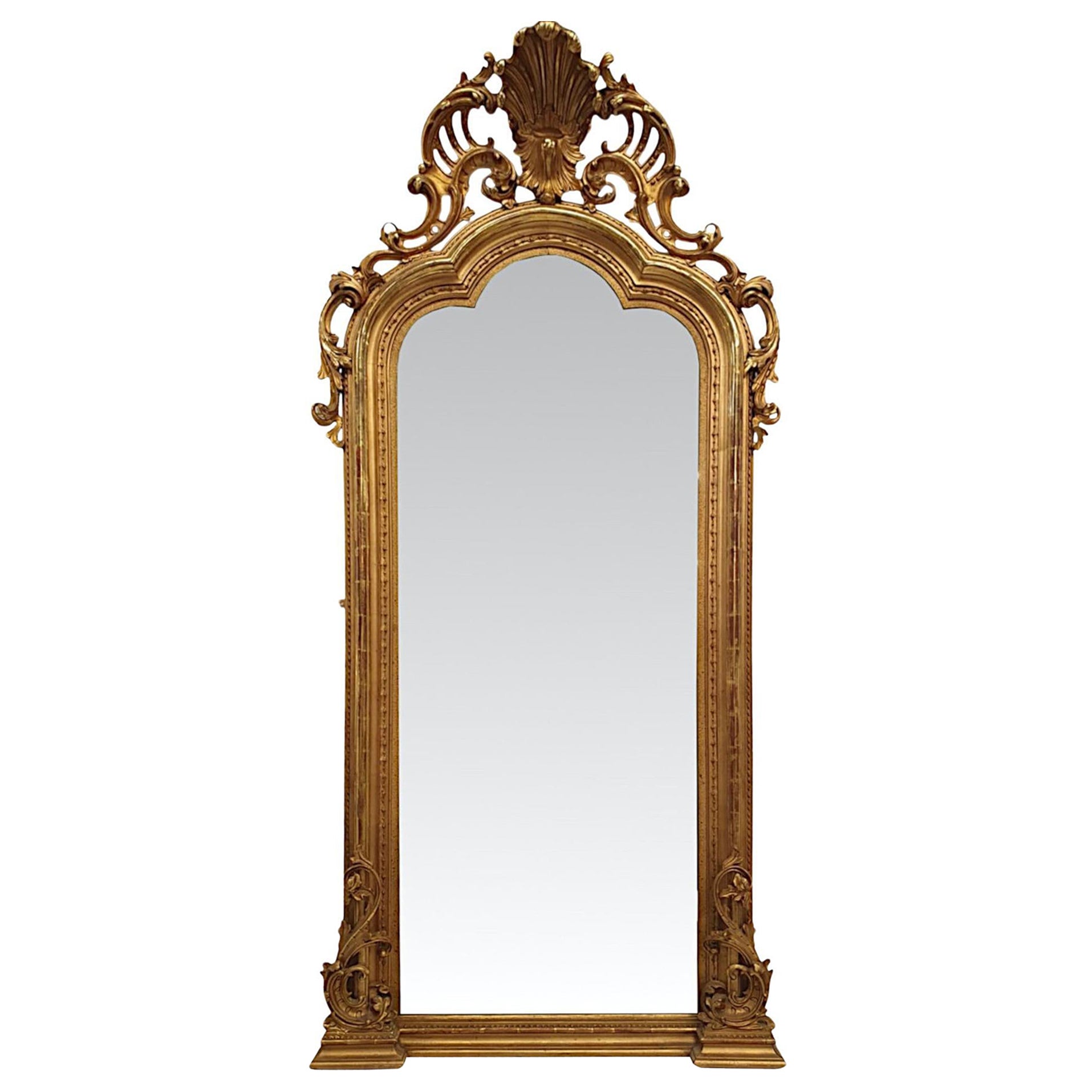  Fabuleux grand miroir d'entrée, de pilier ou de dressing en bois doré du 19ème siècle