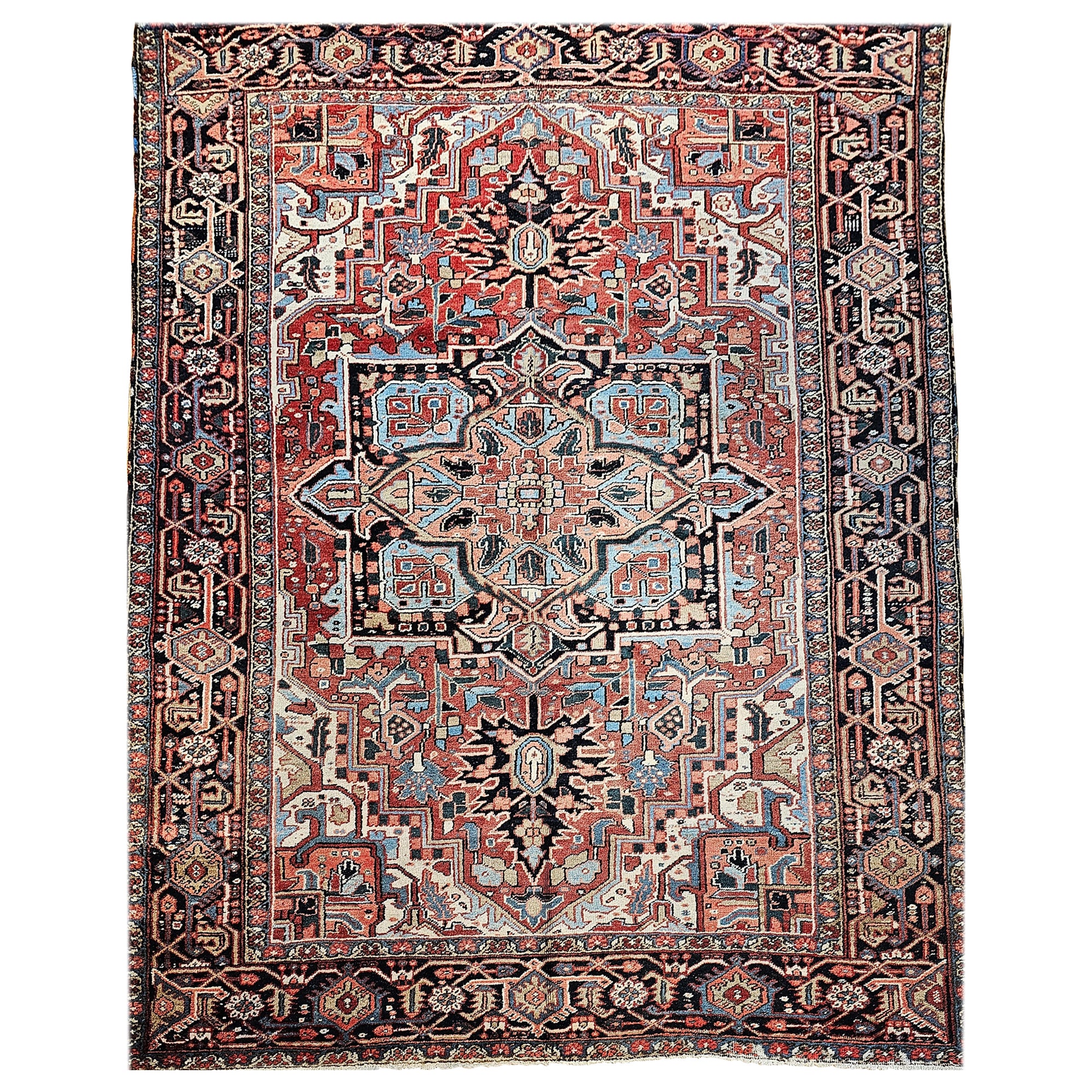 Vintage Room Size Persian Heriz Serapi in Brick-Red, Blue, Pink, Green, Yellow For Sale