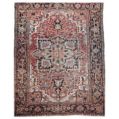 Antique Room Size Persian Heriz Serapi in Brick-Red, Blue, Pink, Green, Yellow