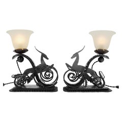 Michel Zadounaïsky French Art Deco Pair of Wrought-Iron Antelope Lamps, 1930s