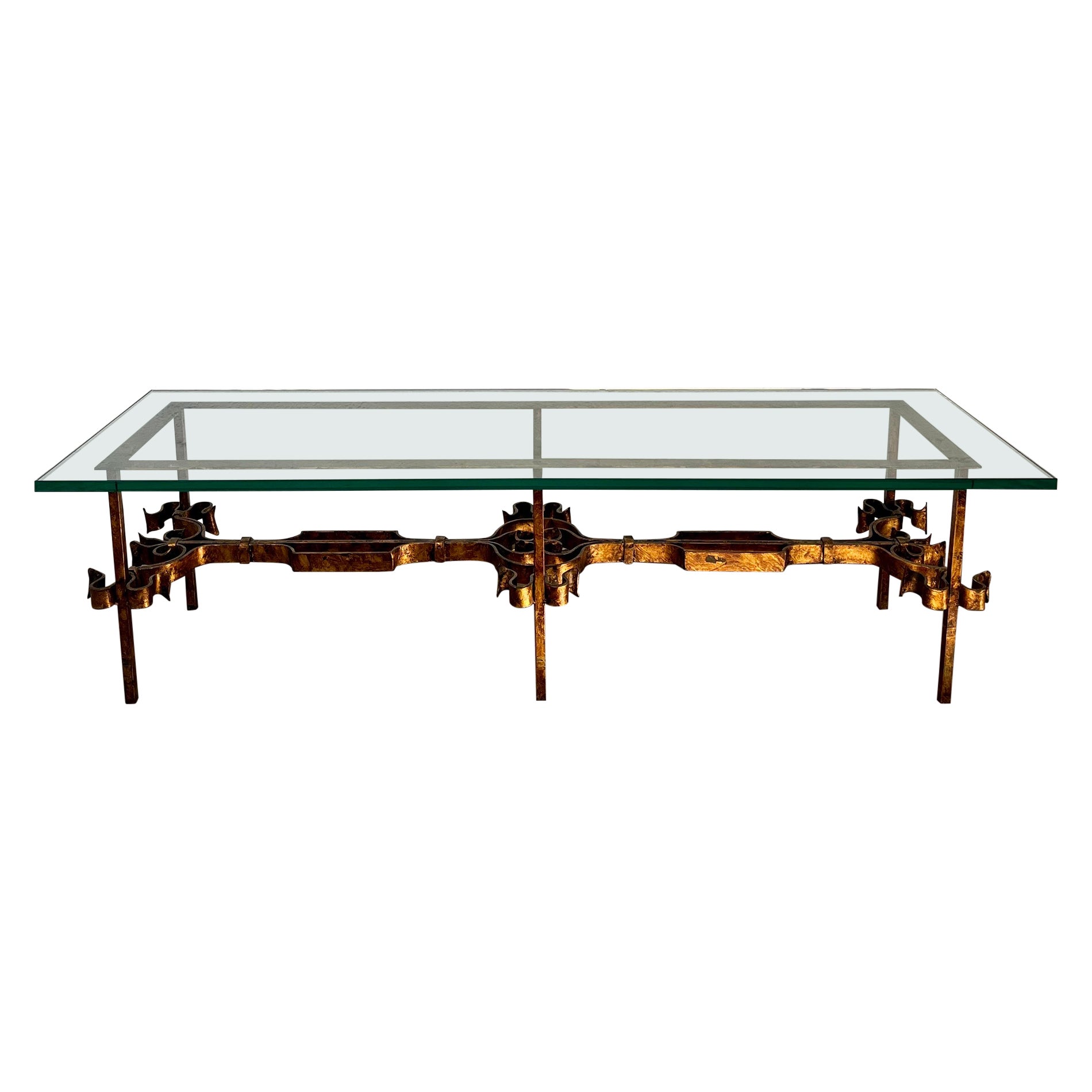 Mid Century Gold Gilt Scrolling Iron Glass Coffee table For Sale