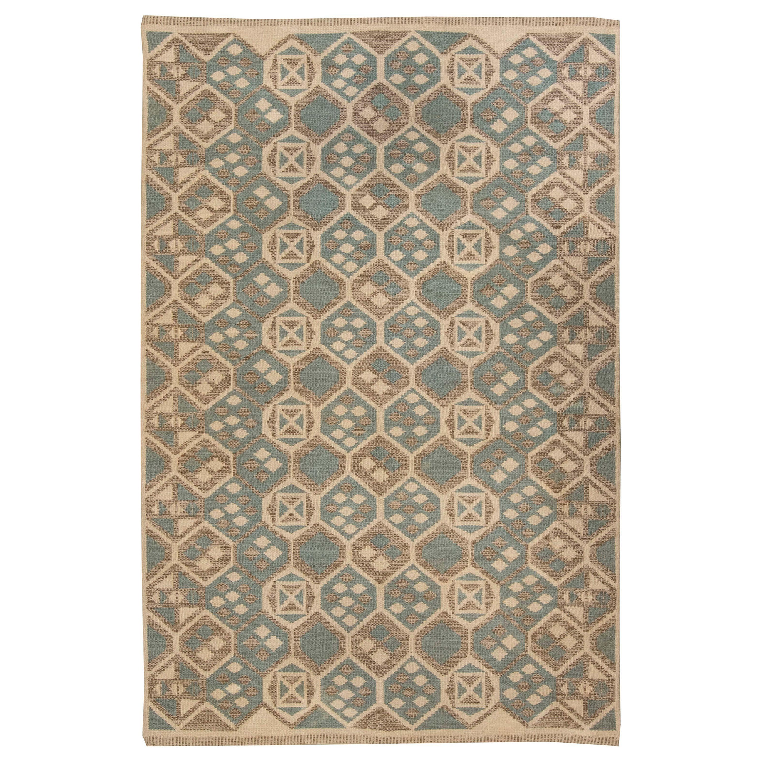 Midcentury Scandinavian Geometric Handmade Wool Rug For Sale