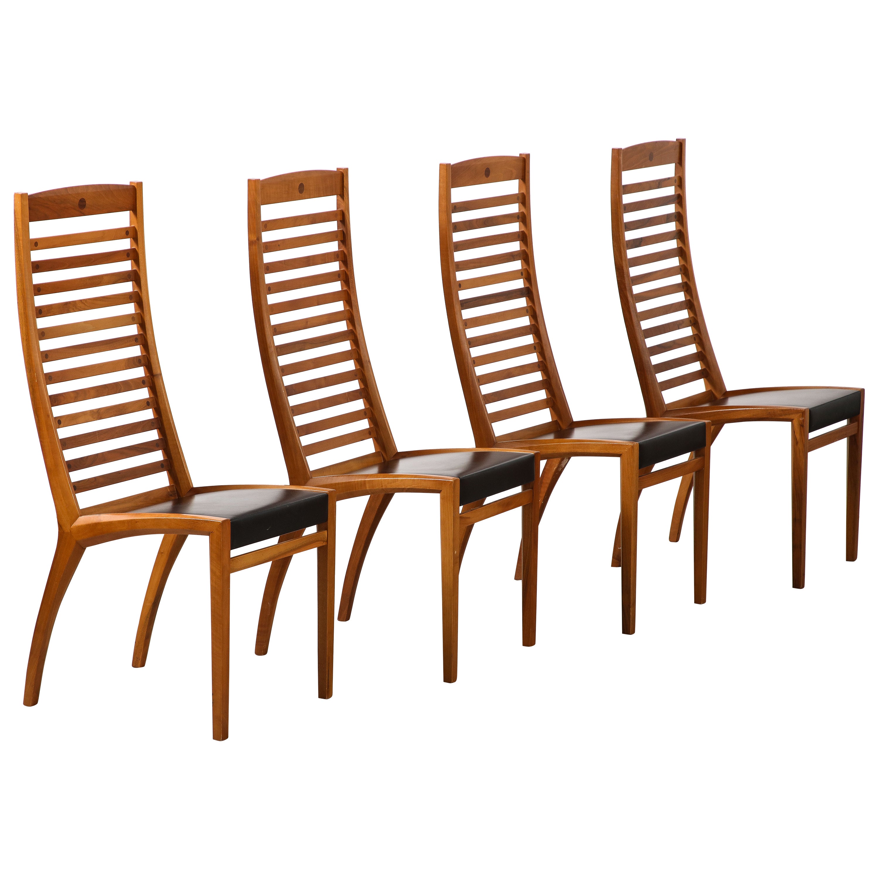 Mobil Girgi Set of Four Ladder Back and Leather Dining Chairs, Italy, circa 1970 For Sale