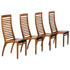 Mobil Girgi Set of Four Ladder Back and Leather Dining Chairs, Italy, circa 1970