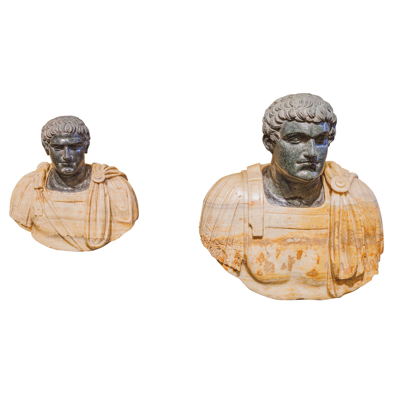 A fine pair of late 19th century Alabaster and marble Roman dignitary busts For Sale