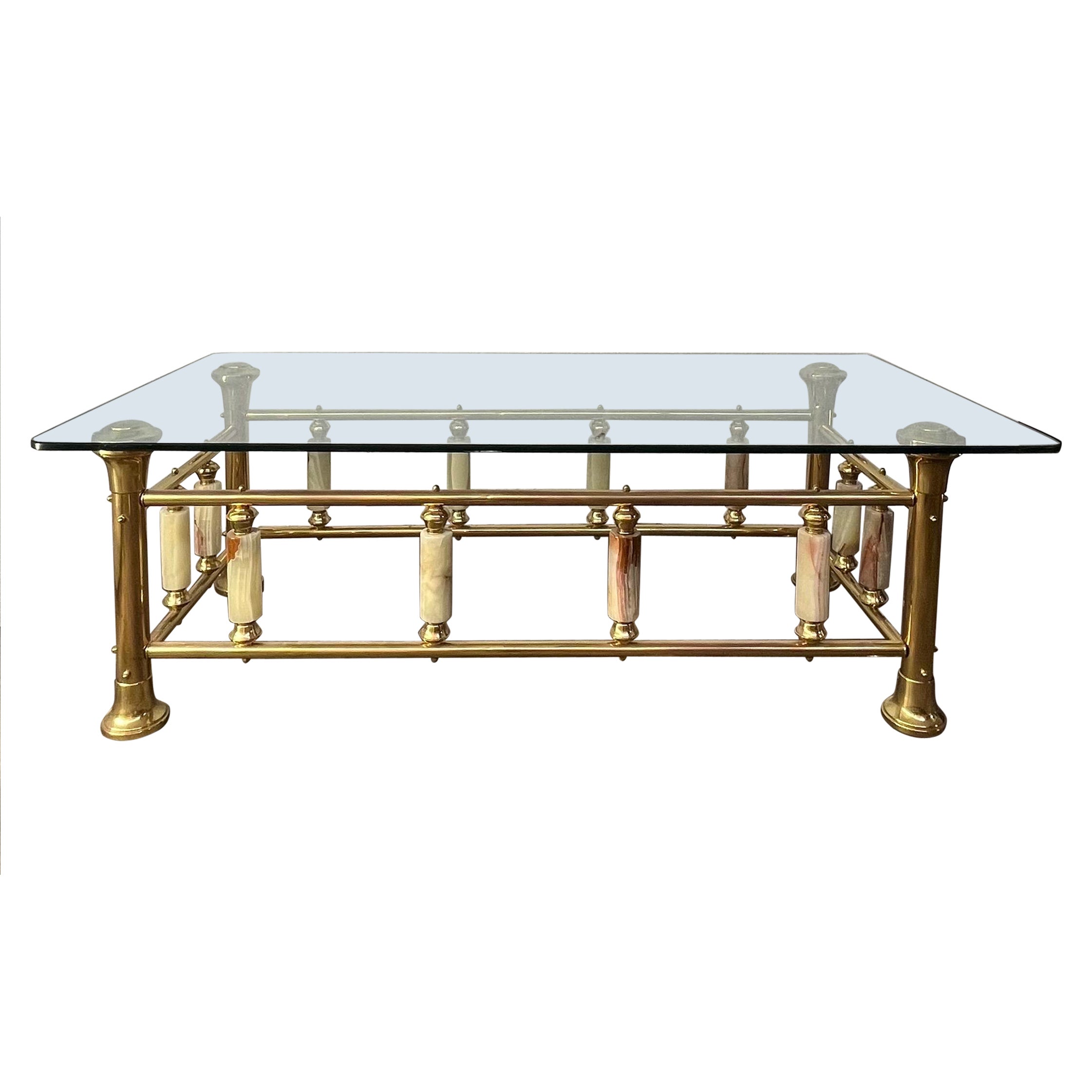 Hollywood Regency Brass and Onyx Coffee Table For Sale