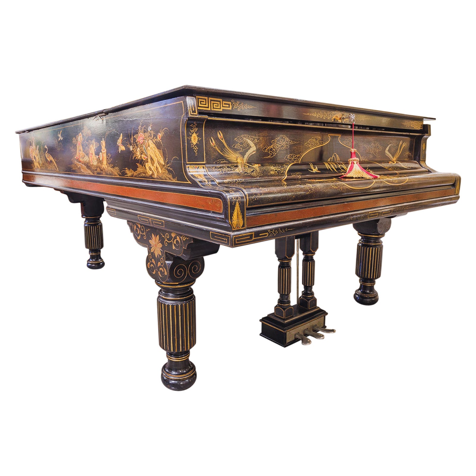 A fine rare 19th c  Steinway grand piano ebonized and Chinoiserie painted scenes