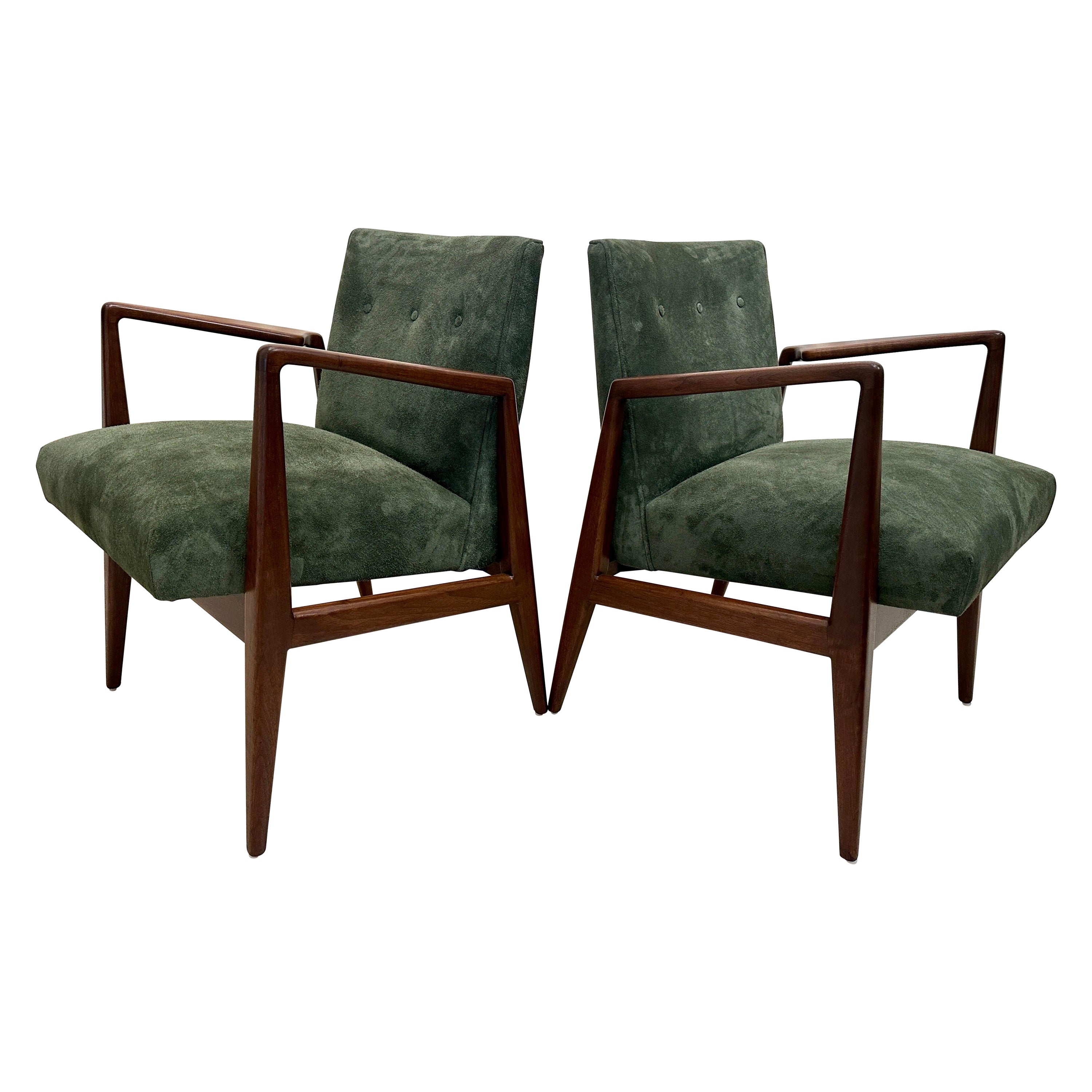 Original Vintage Jens Risom Armchairs in Green Suede w/ Label, PAIR For Sale