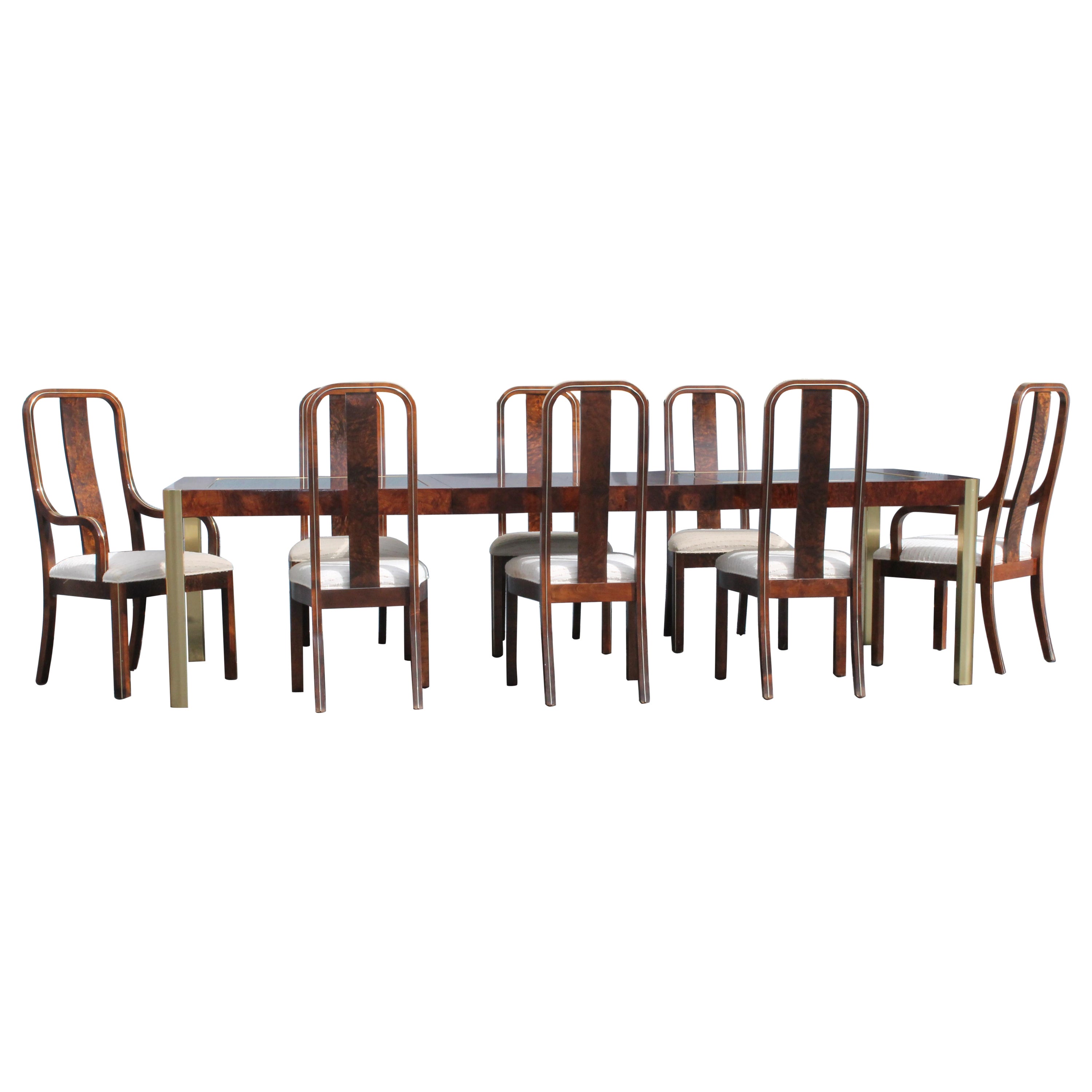 1970's 11 Piece Ultra Modern Burllwood/ Brass/ Bronze Toned Glass Dining Set For Sale