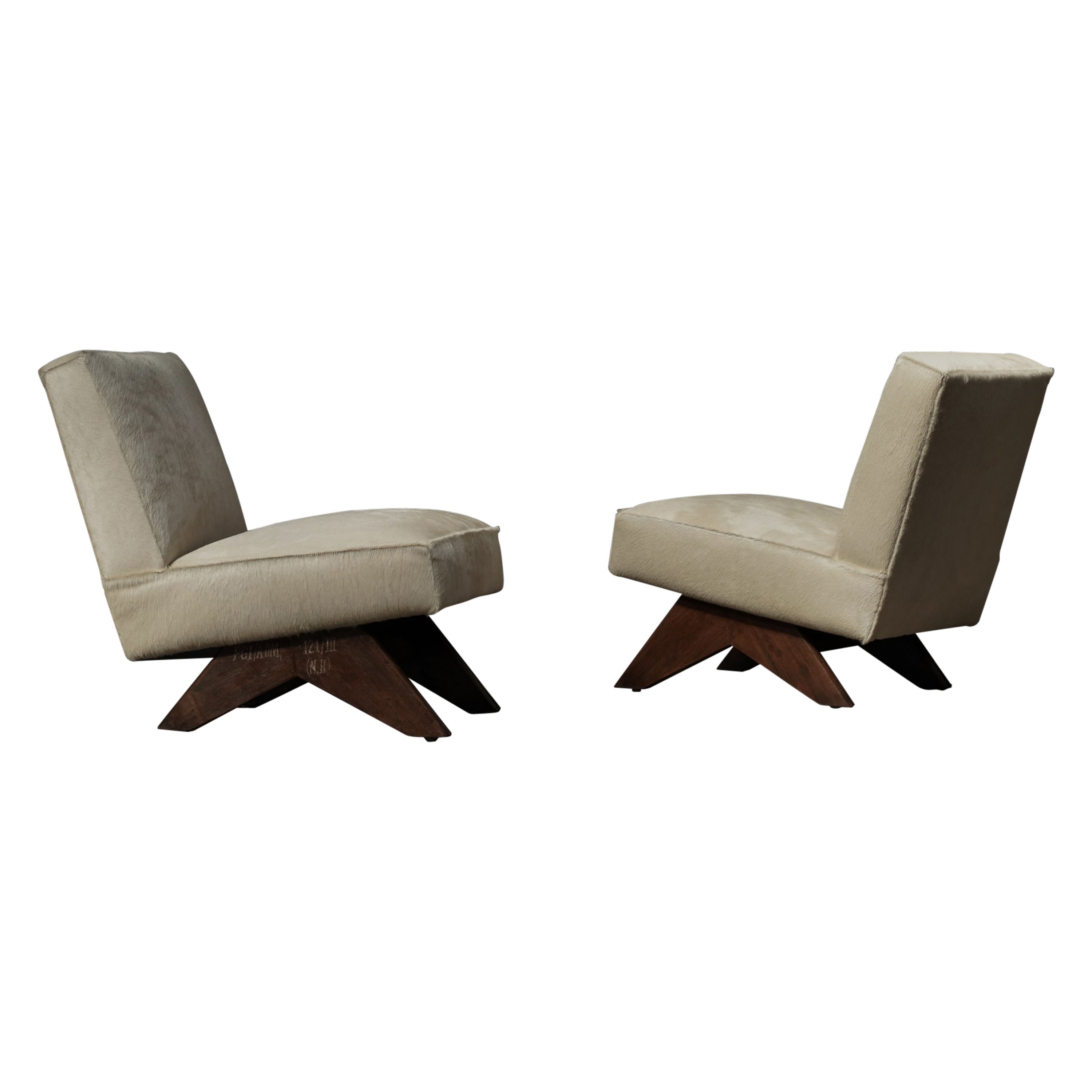 Pair of Pierre Jeanneret Fireside Lounge Chairs in Ecru Cowhide For Sale