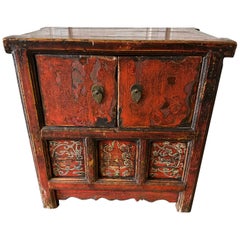 Vintage Late Qing Dynasty Low Chinese Red Lacquer Bedside Cabinet