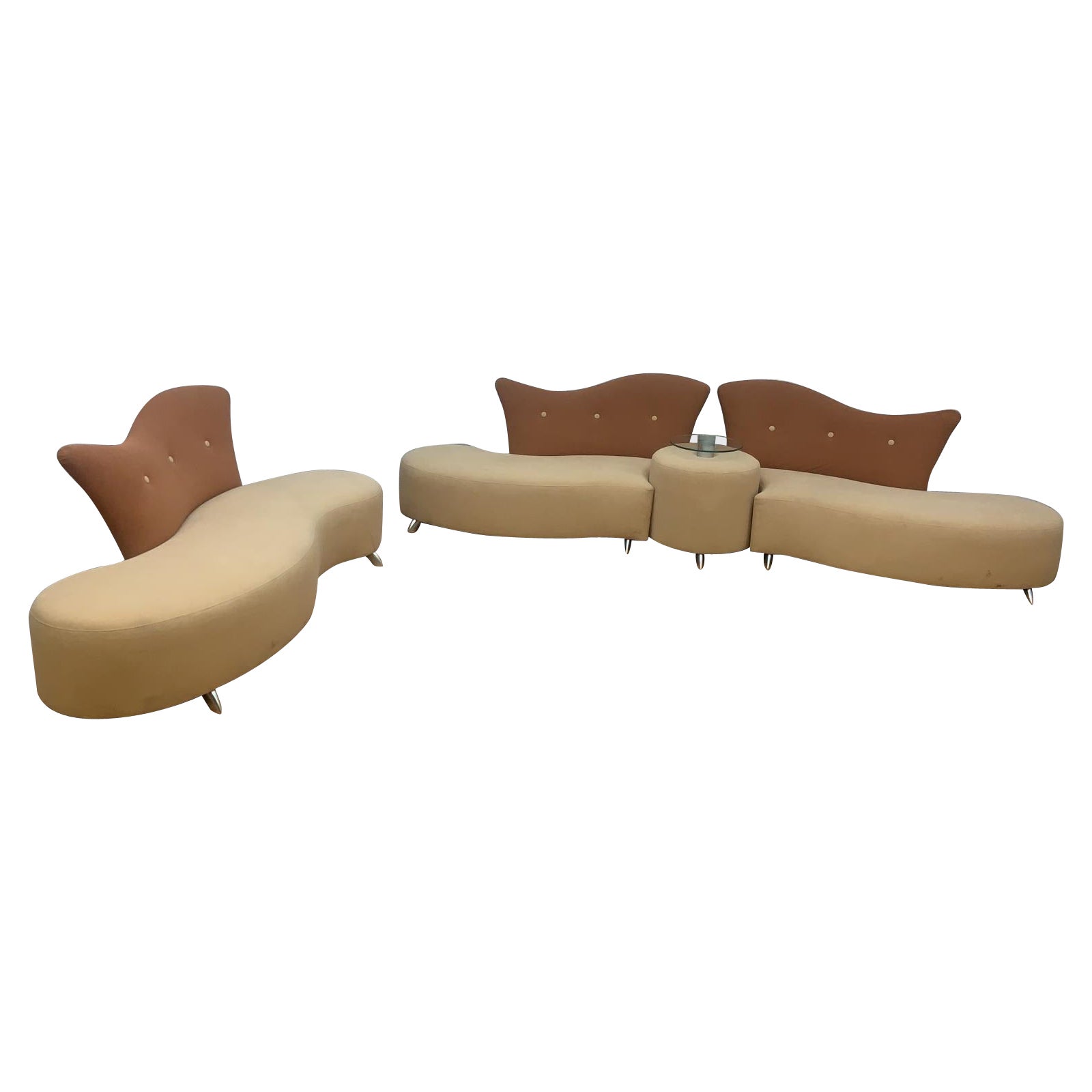 Postmodern Serpentine Sofa Set with Glass-Top Cocktail Table - 4 Piece Set For Sale