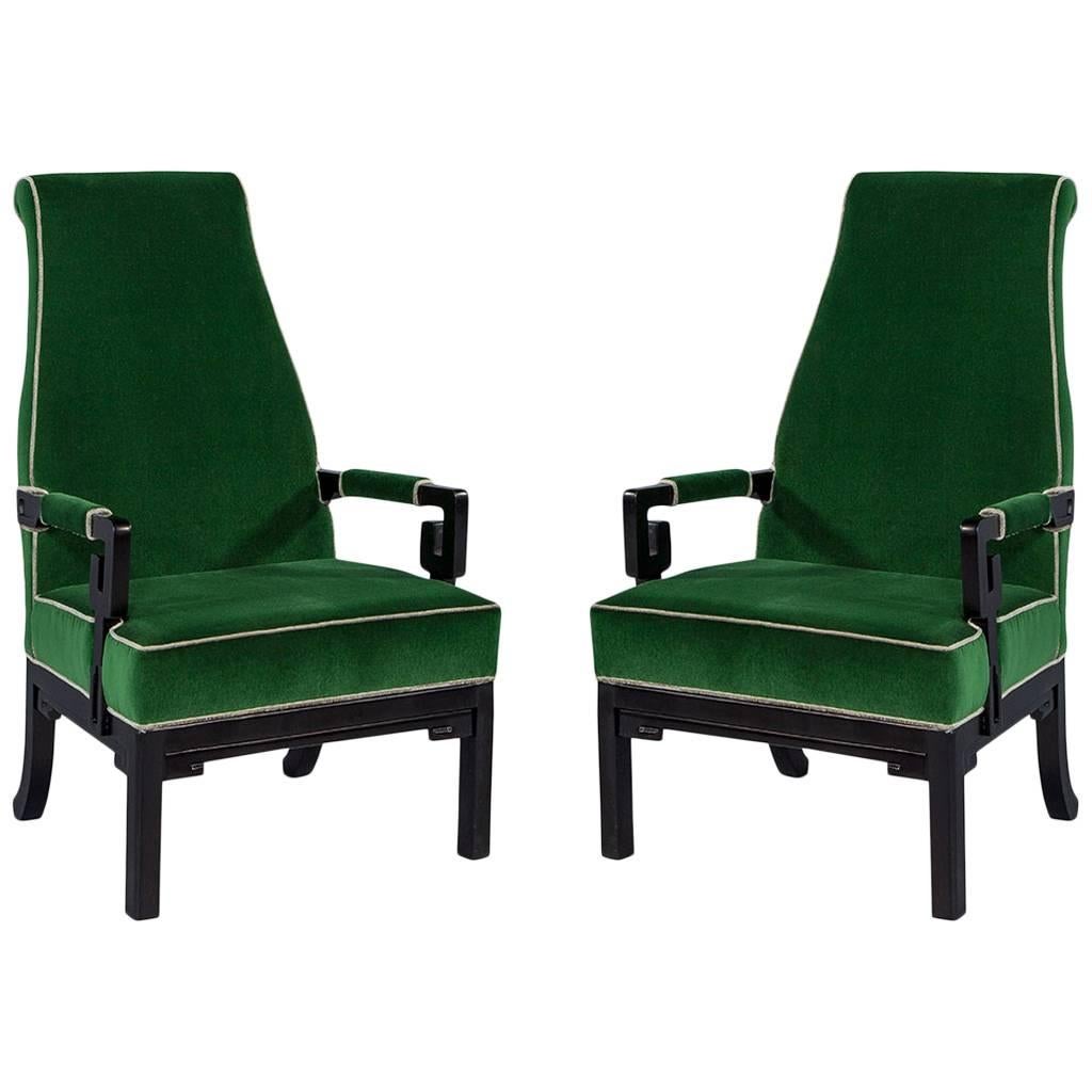 Pair of Greek Key Green Velvet Accent Chairs