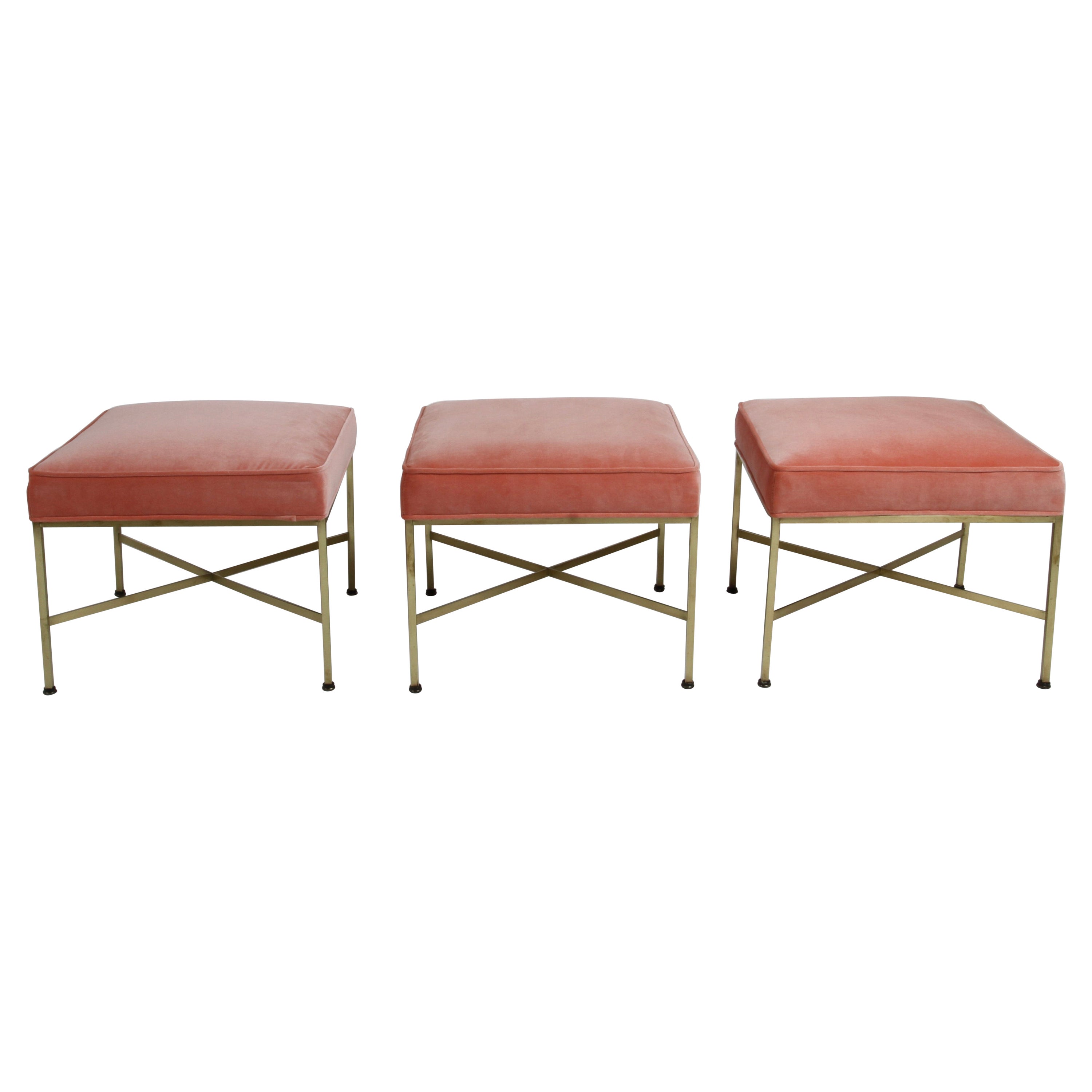 Set of 3 Paul McCobb Brass X Frame Ottomans or Stools - Holly Hunt Salmon Velvet For Sale