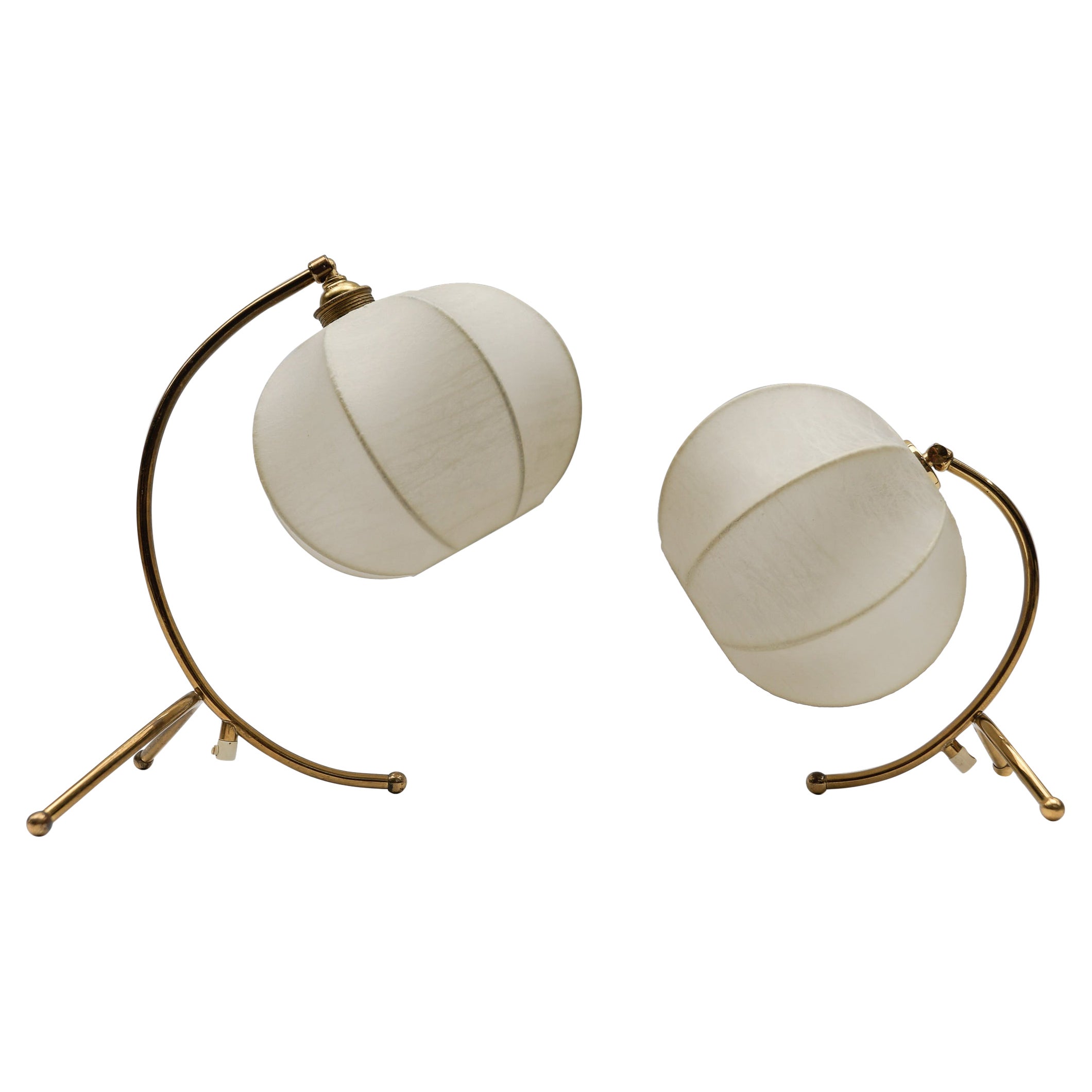 Pair of Mid-Century Modern Brass and Cocoon Tripod Table Lamps, 1950s