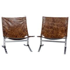 Pair of Mid-Century Modern Sling Chairs in Distressed Leather